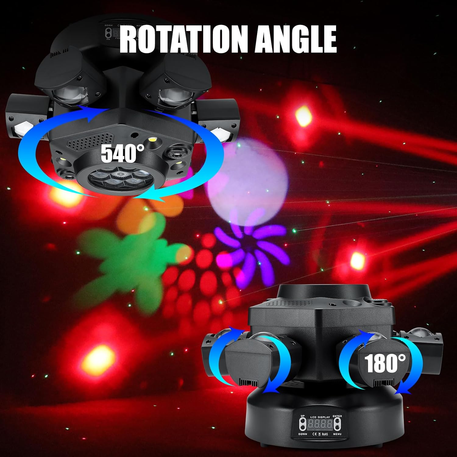Moving Head DJ Light, 150W RGBW Party Light Remote DMX512 Control Sound Activated 6 Arms Stage Effect for DJ Stage Party Bar Disco Show Club Wedding