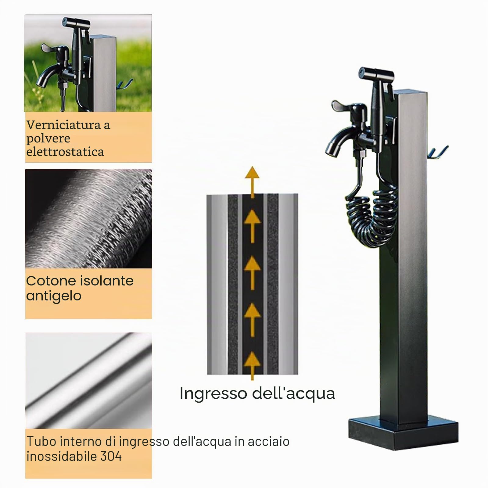 Colonna Acqua Giardino da Esterno, Rubinetto Giardino Fontana da Giardino in Acciaio Inossidabile 304, Rubinetto a Doppia Uscita con Pistola a Spruzzo, per Irrigazione da Giardino, Fattoria, Cortile(B