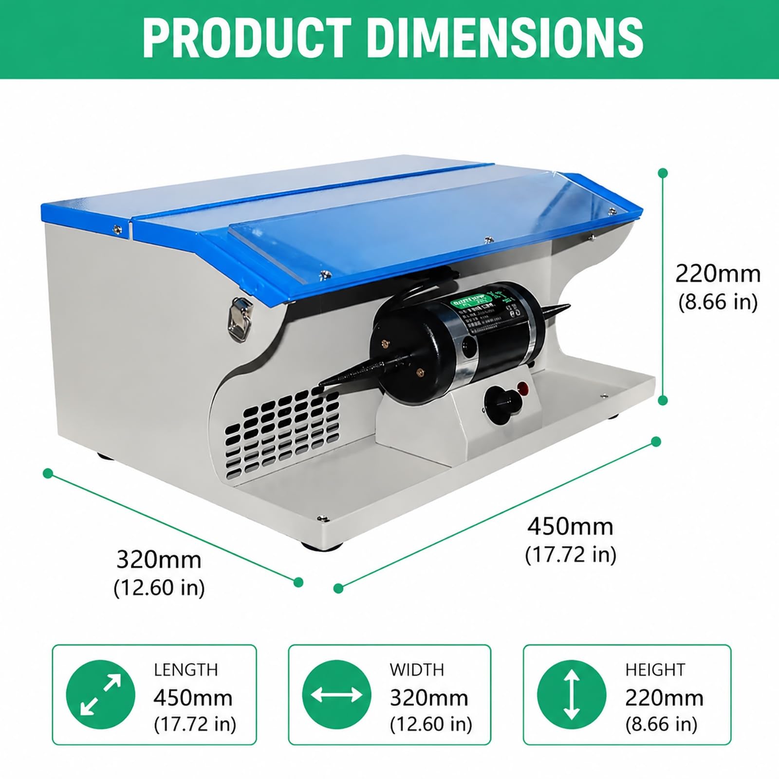 Pulidora de banco de 200 W con velocidad ajustable, recolector de polvo, luz y extractor, máquina de pulido y abrillantado para trabajos en metal, madera y piedra