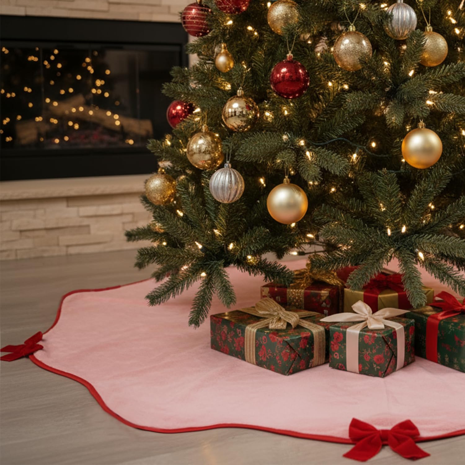 Pink Scalloped Christmas Tree Skirt 48 inch with Red Ball POM POM Wavy Edge Faux Fur Plush Mat for 5-7FT Large Xmas Decoration Holiday Home Decor Party