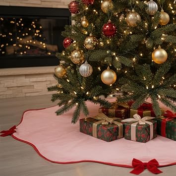 Pink Christmas Tree Skirt 48 inch with Red Velvet Bows Wavy Edge Faux Fur Plush Mat for 5-7FT Large Xmas Decoration Holiday Home Decor Party