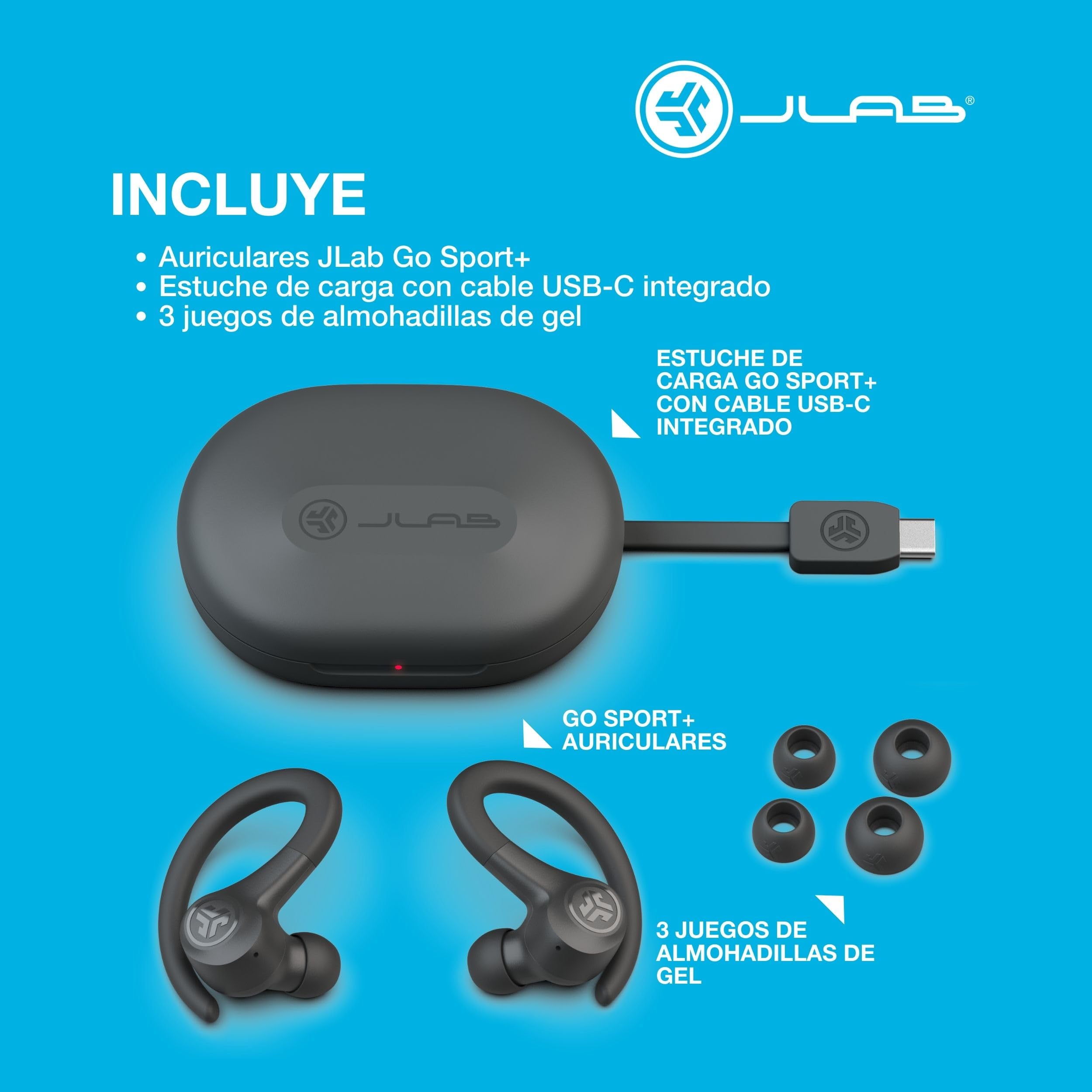 JLab Go Air Sport+ Auriculares Bluetooth Deportivos - 35h+, Grafito | Auriculares Inalámbricos Deportivos, Auricular Deportivo IP55 Resistente al Sudor, Audífonos Inalámbricos