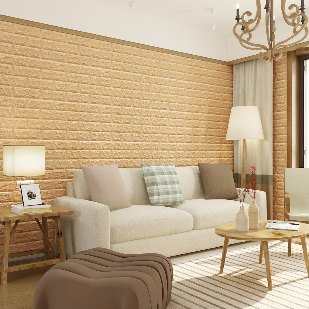 QIHANG Self Adhesive Waterproof Brick PE Wallpapers 3D Wall Sticker Living Room Wallpaper Mural Bedroom TV Background Decorative Stickers (Beige)