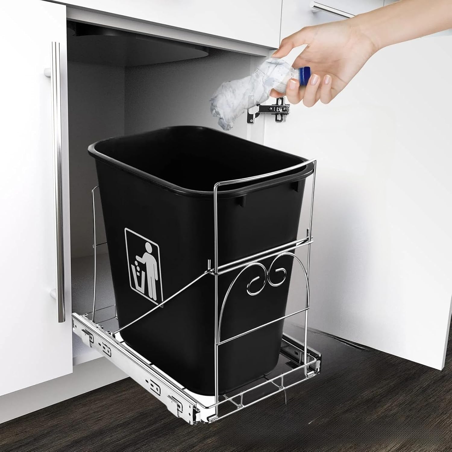 Pull-Out Under Sink Trash Can Holder - Stainless Steel Slide-Out Garbage Bin Rack with Soft-Close Slides | Space-Saving Cabinet Organizer for Kitchen Waste Bins, Fits 7–11 Gallon Trash Cans.