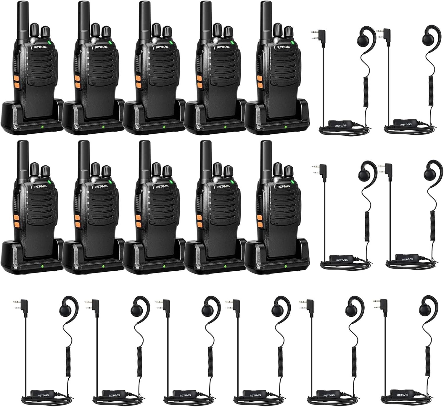 Retevis H-777 2 Way Radios(10 Pack) with Swivel Walkie Talkie Headset(10 Pack), Rechargeable Long Range Two Way Radio, Shock Resistant, Short Antenna
