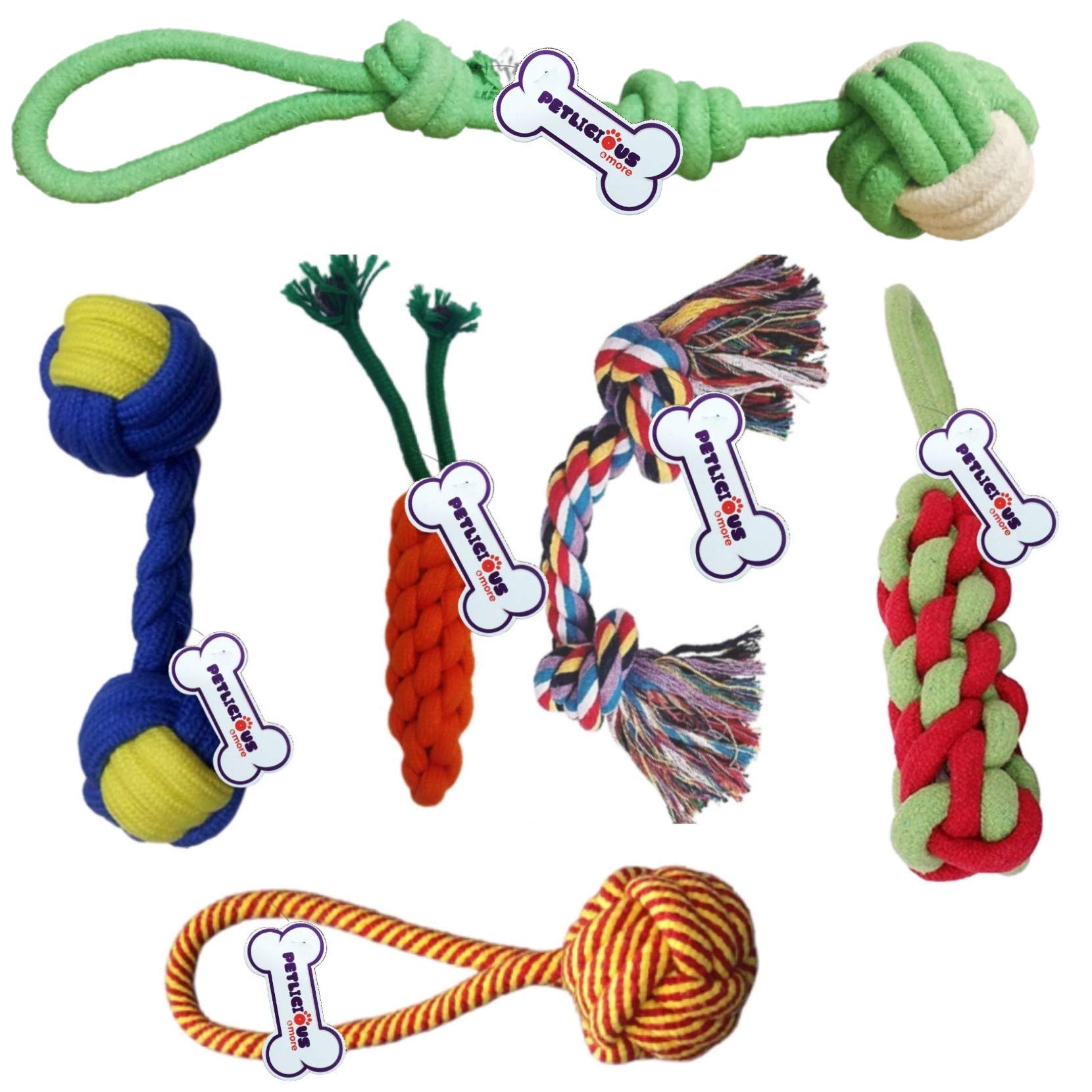 Petlicious & More Cotton Made Carrot Tennis Ball 2 Knot Teether Dumbbell Rope Toys -Combo of 6
