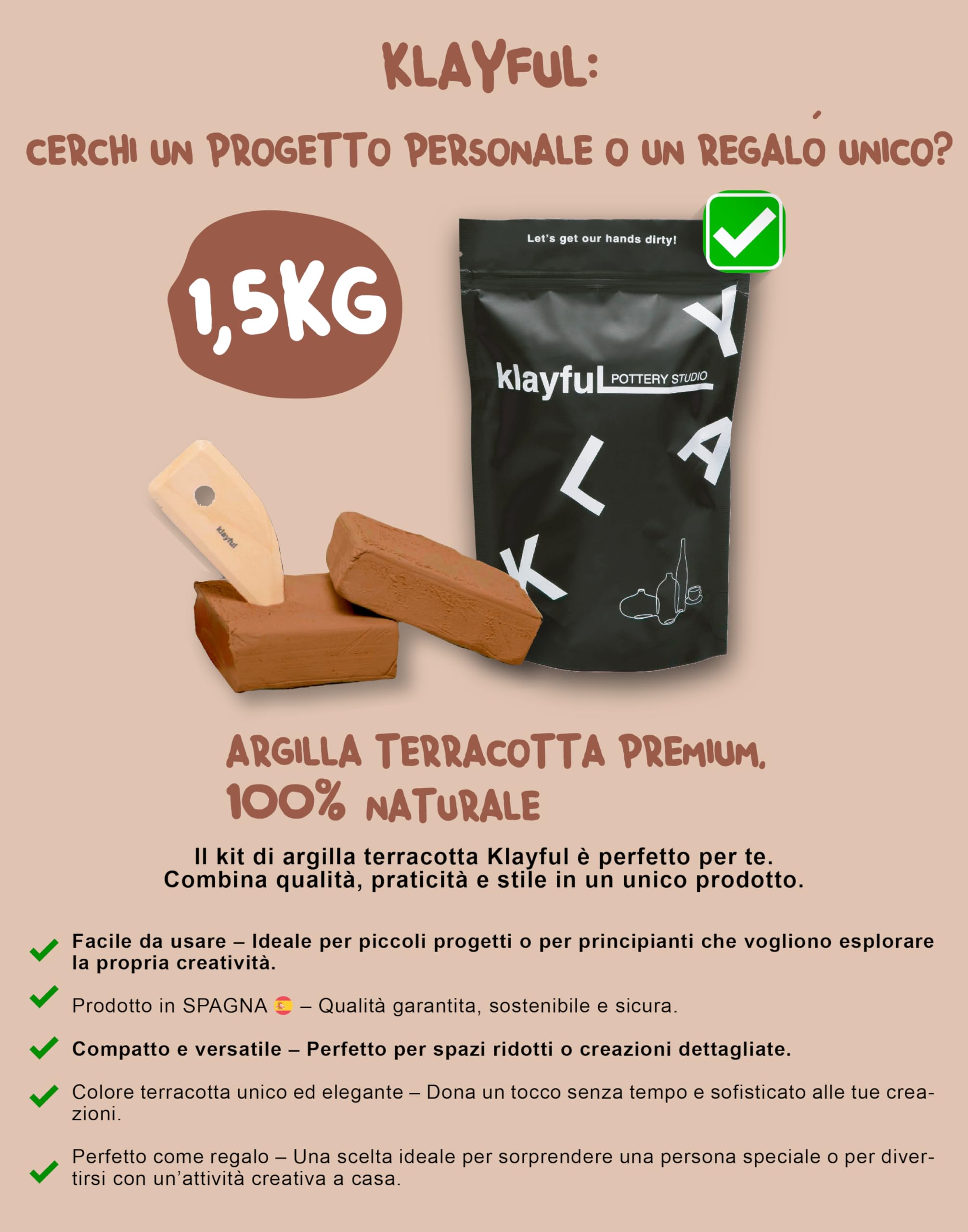 KLAYFUL- Kit Argilla Terracota Senza Cottura 1,5kg per Principianti – Kit Ceramica Fai da Te | Strumenti, Colori Pastello, Pennelli, Smalto, Guida Passo a Passo