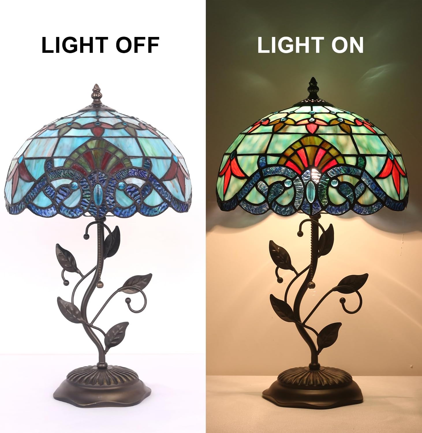 Tiffany Table Lamp, Stained Glass Lamp, 12x12x19 Inch, Metal Leaf Base Decor Lamp for Bedroom、Living Room、Home、Office (Baroque)