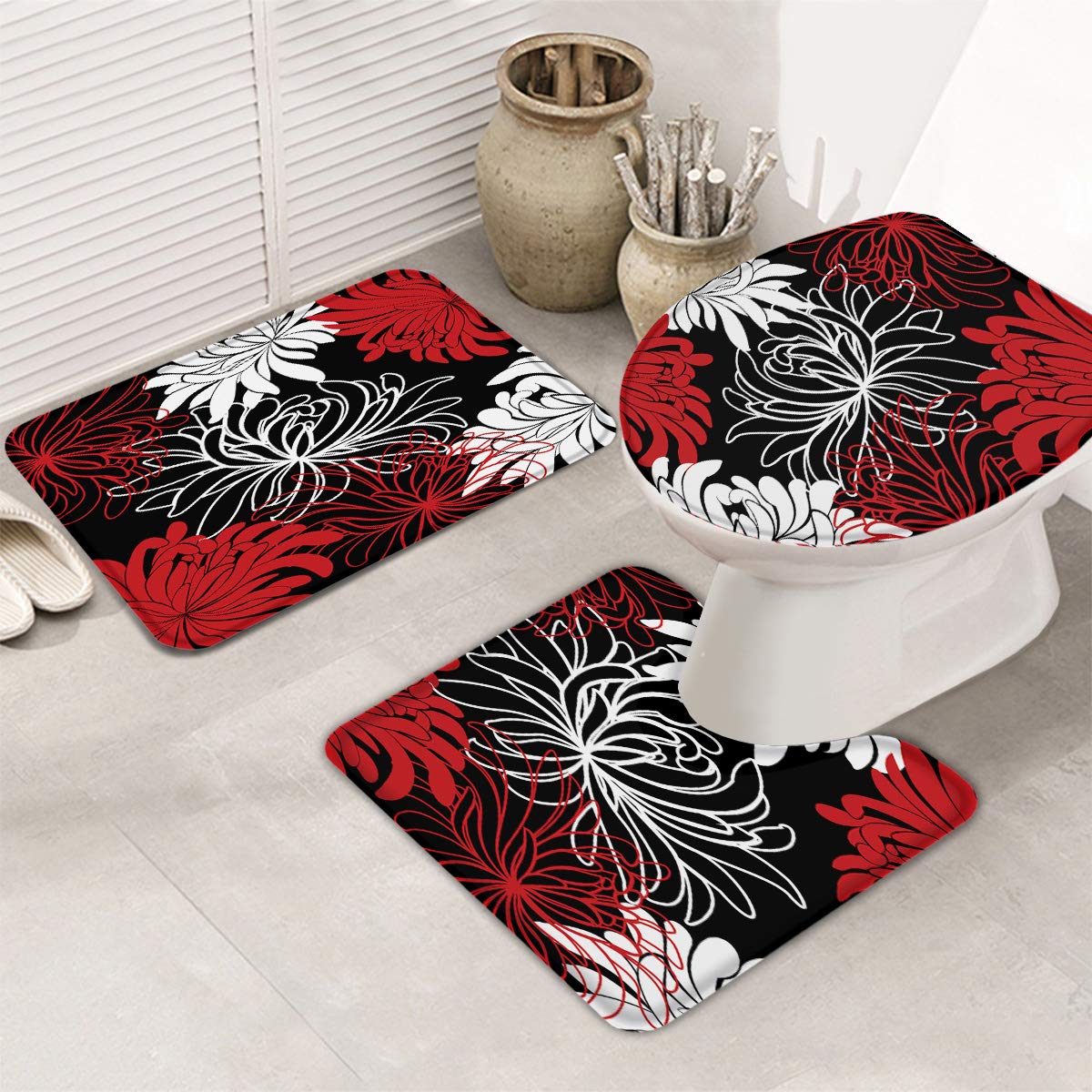 LALADecor 3 Piece Bathroom Rug Set Bath Rug, Contour Mat, Lid Cover Chrysanthemum Flower Red Black White Soft Bath Mats Set Bath Mats for Tub, Shower, Bathroom