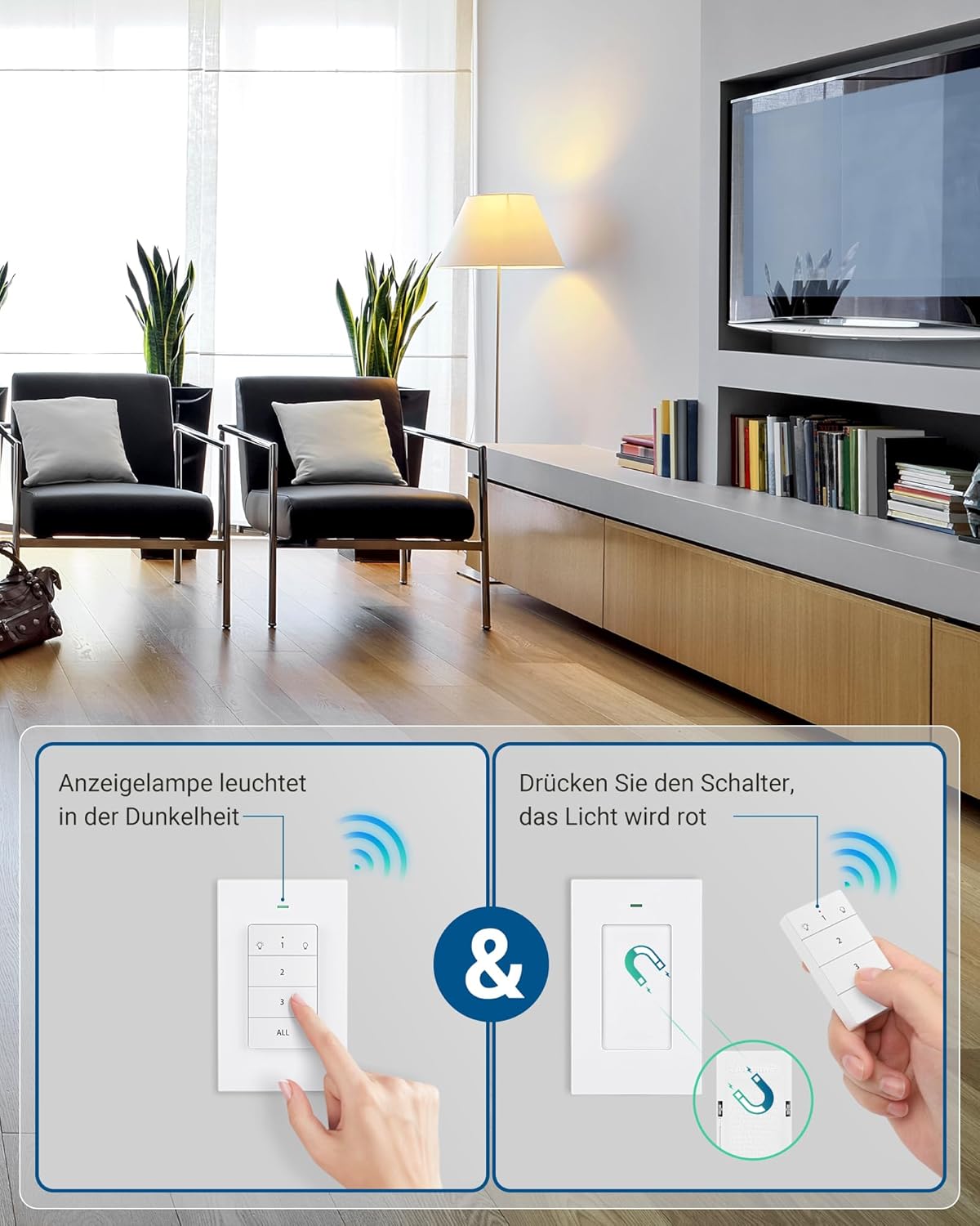 DEWENWILS remote control wall switch mounted on a wall, with two outlets plugged in.
