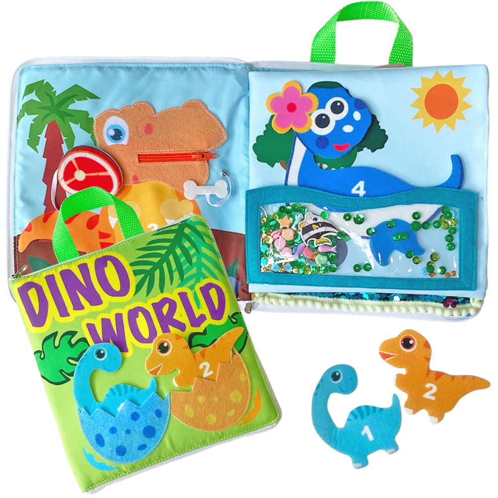 Interactive Dinosaur Quiet Book – 8-Page Touch & Feel Sensory Cloth Activity for Toddlers, Soft Baby Busy Learning Fabric Book(Dino World)