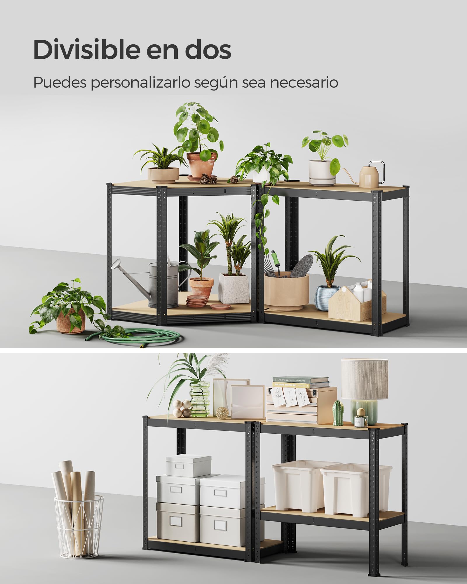 SONGMICS Estantería esquinera de 4 Niveles, estantería de Garaje, estantería de Metal Resistente, para Garaje, trastero, almacén, Cargas de 1500 kg, Tinta Negra y Beige Natural GLR056B03