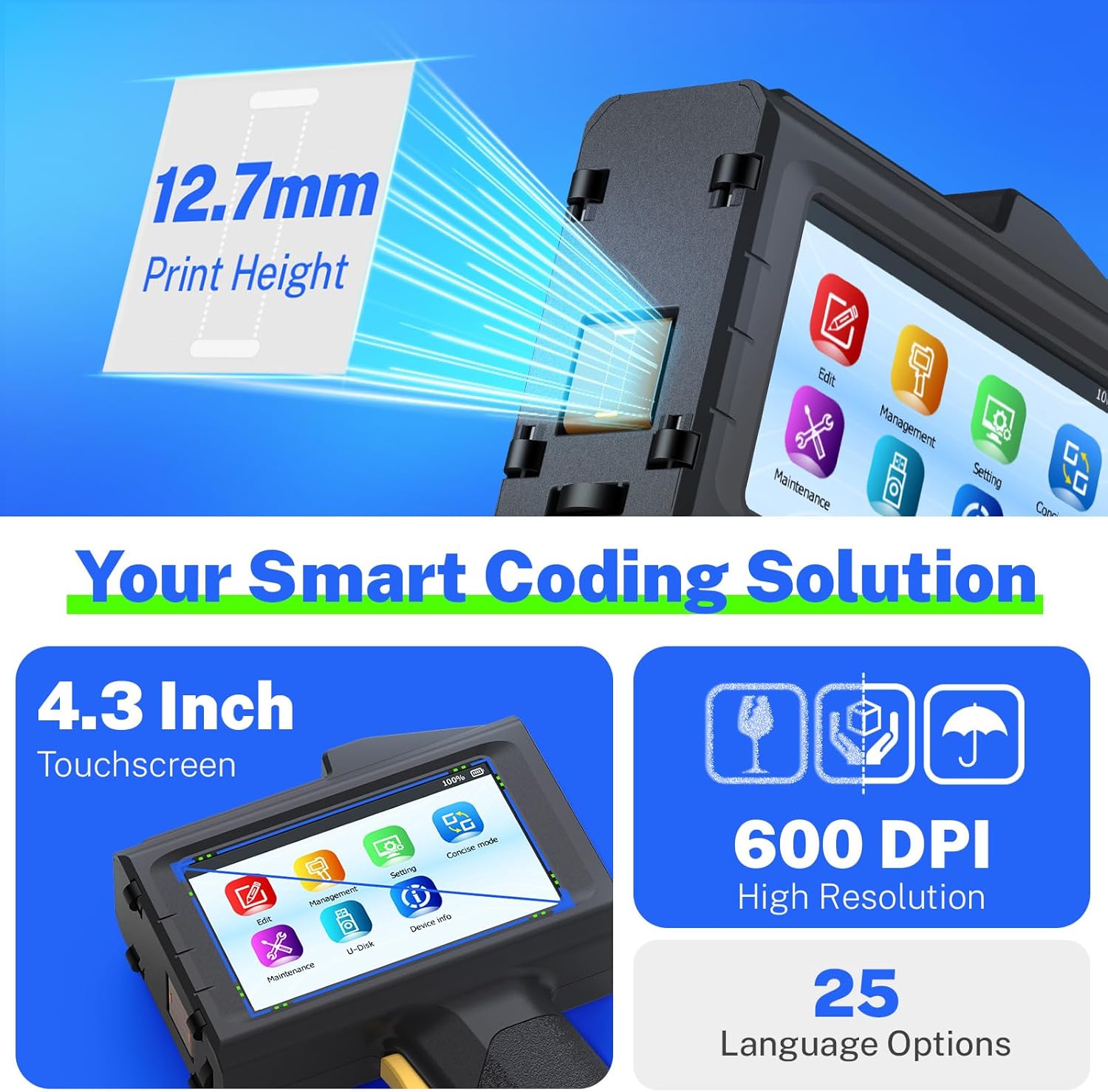 0.5 Inches Print Height Intelligent Handheld Inkjet Printer Lasts 16H Weighs Only 390g for Batch Code Date Lot Number Print on Plastic Carton Wood Metal Glass Aluminum with 42ml Fast Dry Ink