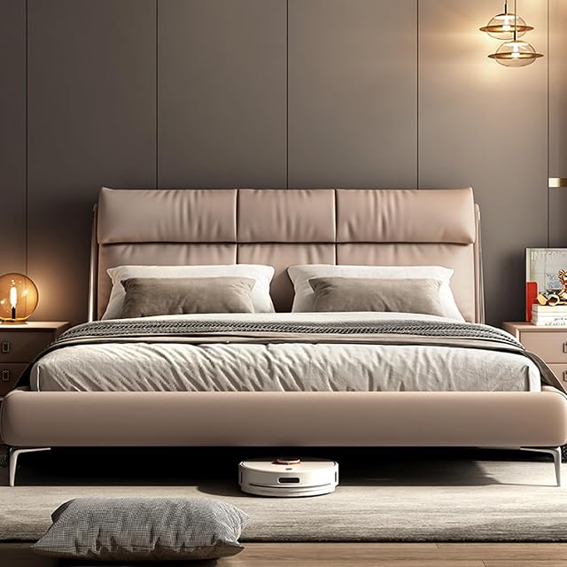 King Size Genuine Leather Wood Bed Upholstered Platform Bed Frame with Headboard and Lift Up Storage Wooden Slats