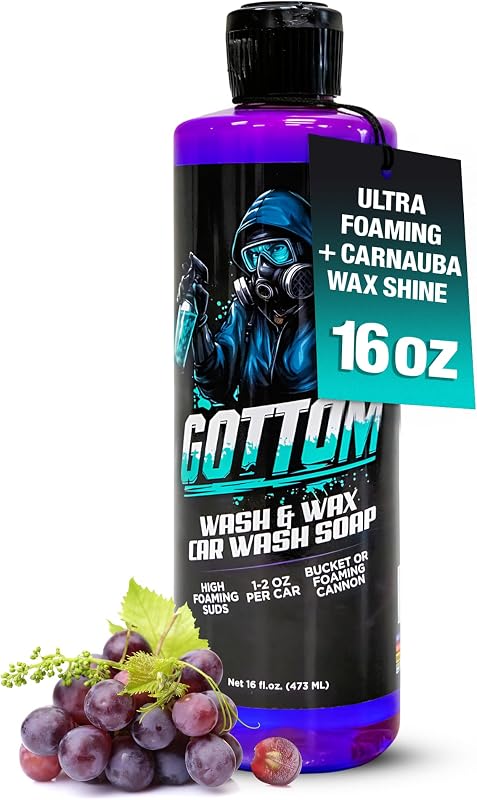 Gottom Car Wash Soap & Wax - 16 oz - Frozen Grape Scent | Ultra Foaming Car Shampoo for Foam Cannon & Bucket Wash - Carnauba Wax Formula Glossy Finish - High Suds & Safe for Paint