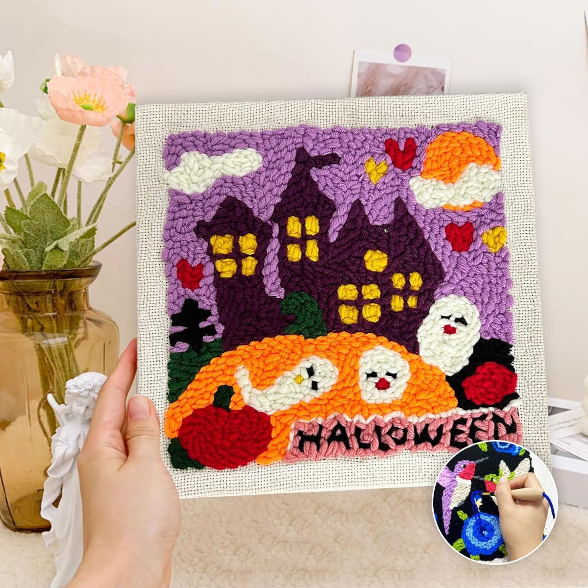 Cute Animal Punch Needle Kits for Beginners,Handcraft Embroidery Starter, Fabric with Pattern,with Hoop Embroidery Punch Needle Starter Craft Set for Suitable as a Holiday Gift for Adult (Halloween)