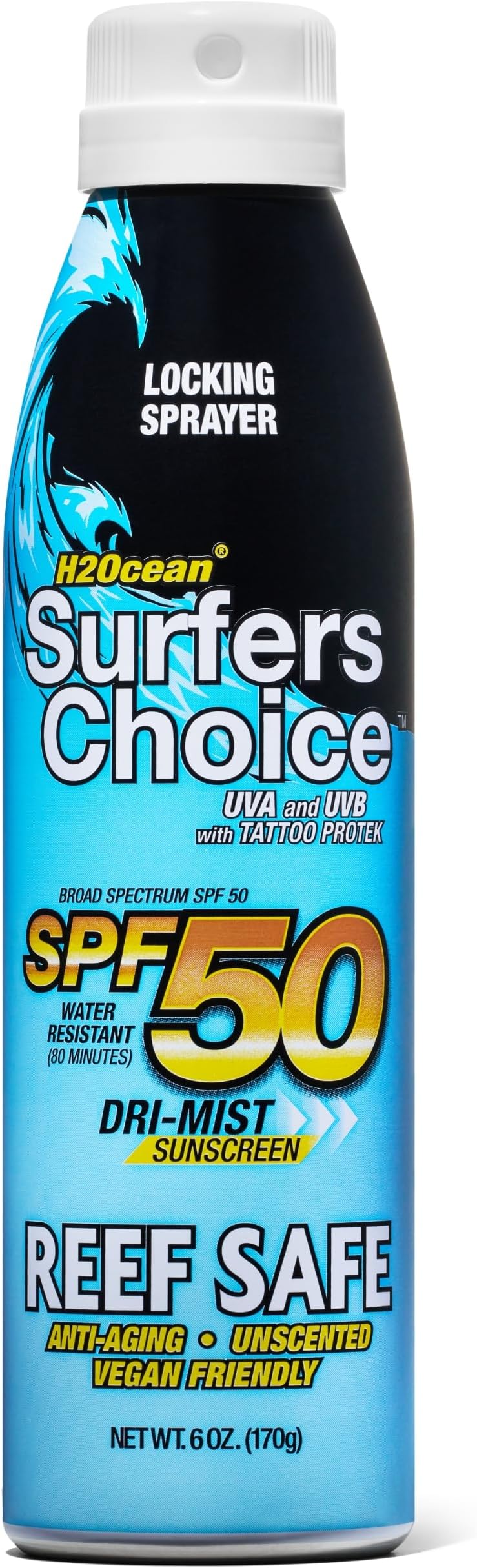 H2Ocean Surfers Choice SPF 50 Spray - Quick-Drying Sunscreen Spray for Tattoo Aftercare & UV Protection - Reef-Safe Sun Protection for All Ages - 6 oz