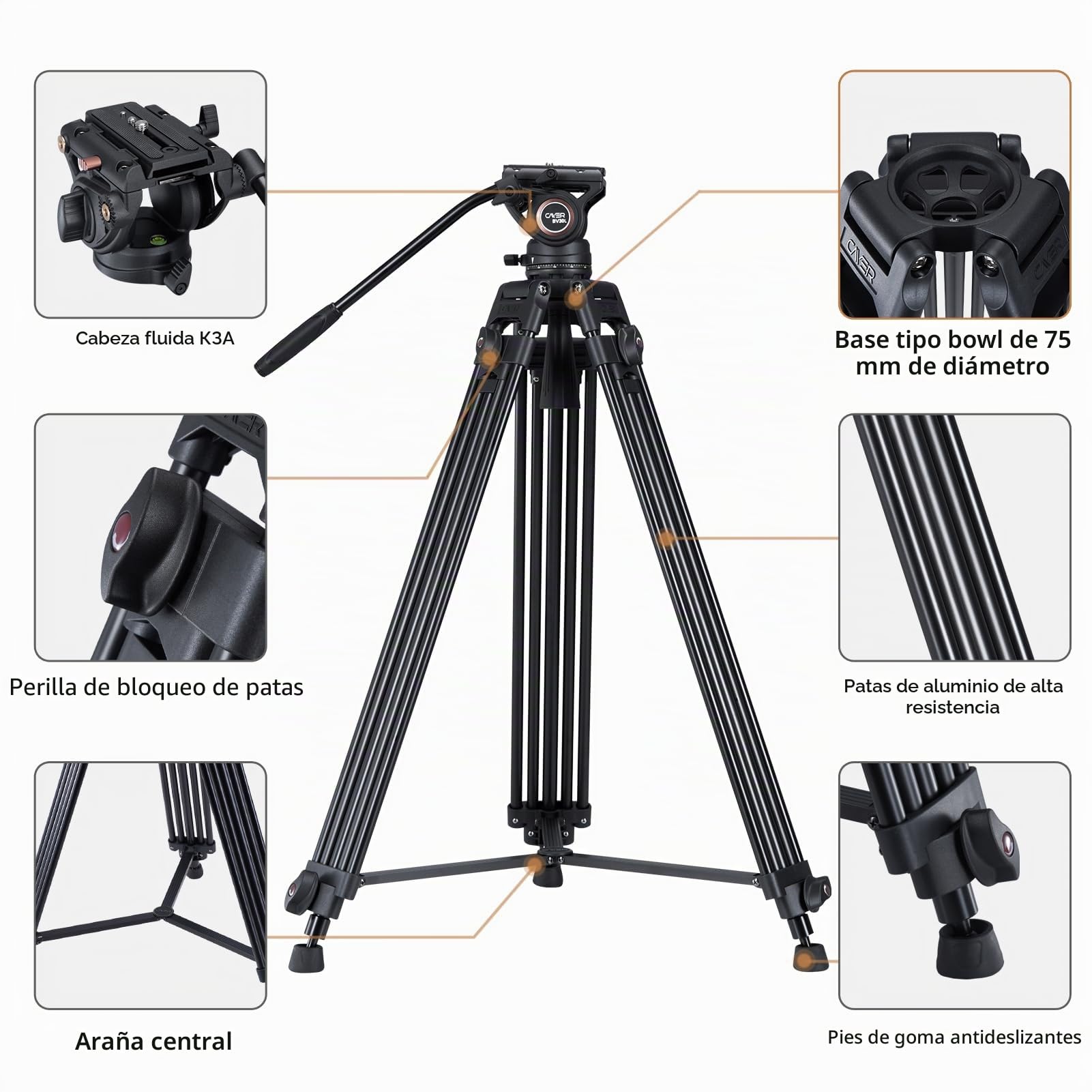 Cayer Sistema de trípode de Video, 72 Pulgadas BV30L-Camcorder Sistema de trípode Pierna de Aluminio, K3 Fluid Head, Carga máxima 13.2 LB, DSLR Shooting, Plus 1 Bonus Quick Release Plate