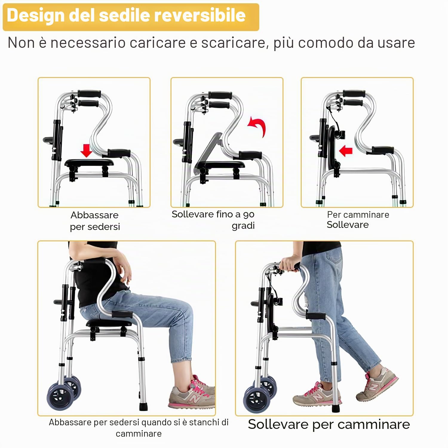 Eulenke Deambulatore pieghevole per anziani, 2 ruote girevoli, supporto camminare, regolabile altezza, alluminio, antiscivolo, stabile, fino a 180 kg, argento