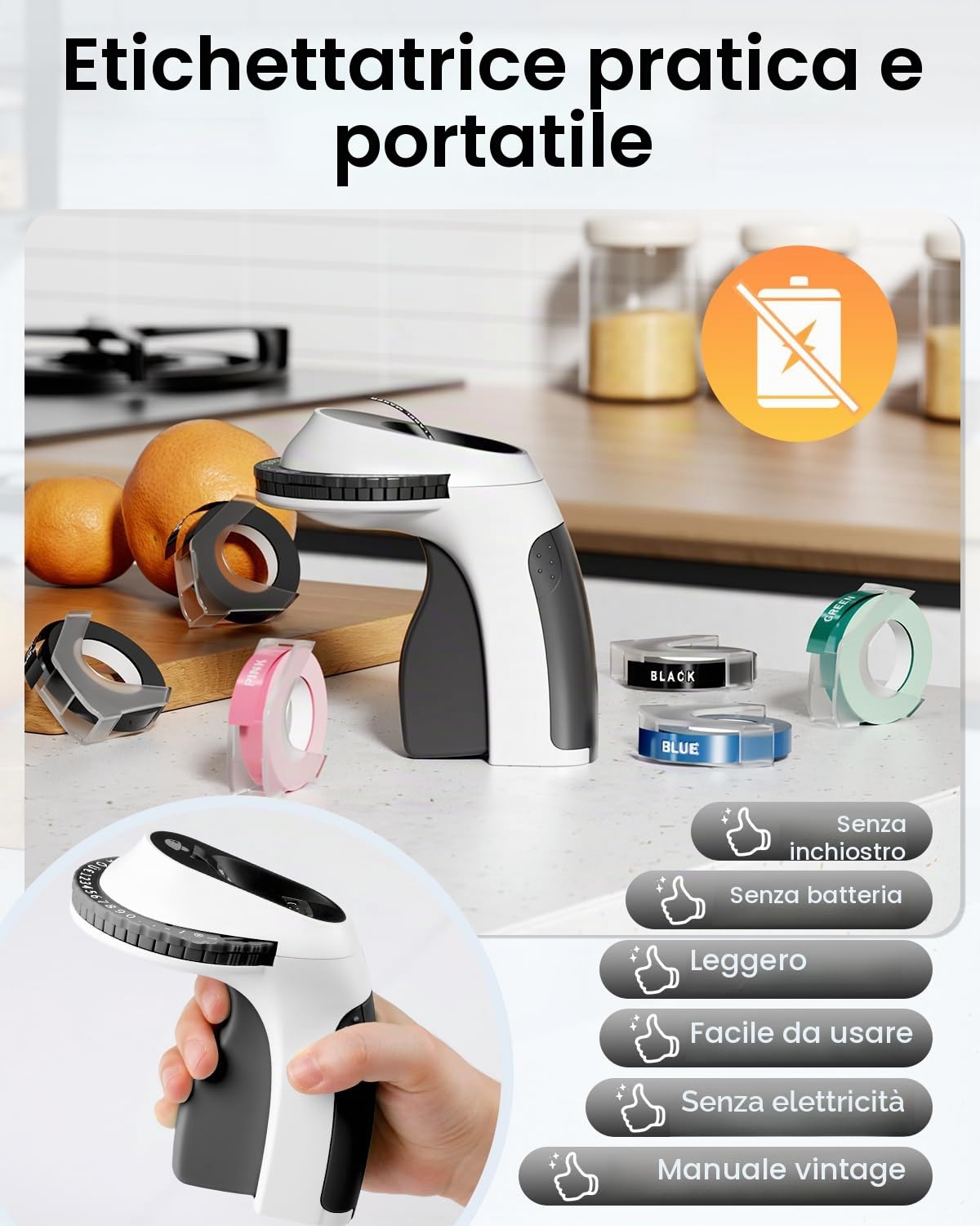 Phomemo Etichettatrice 3D E975, etichettatrice portatile per etichettatrice nera con 6 nastri, design ergonomico, per casa