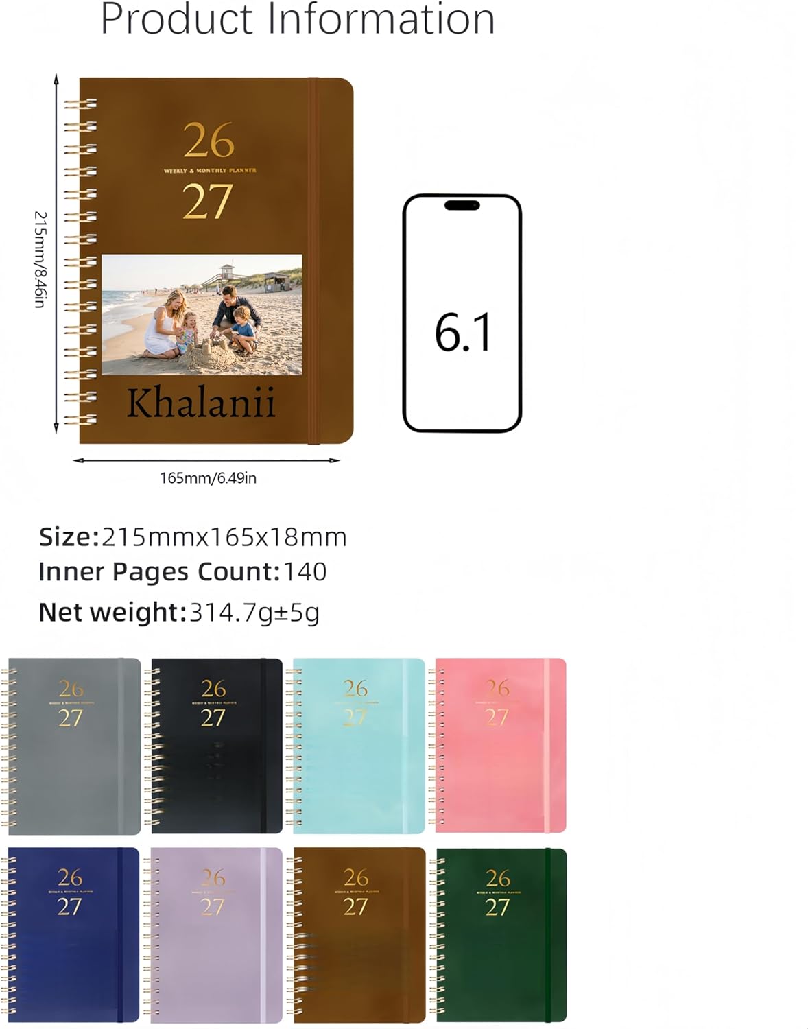 Personalized academic Planner 26-27 For Women & Men，Monthly and Weekly Calendar Planner，July 2026-June 2027，Custom A5 Leather Schedule Notebook，Gift For Colleagues And Leaders，Christmas gifts for teens(Photo)