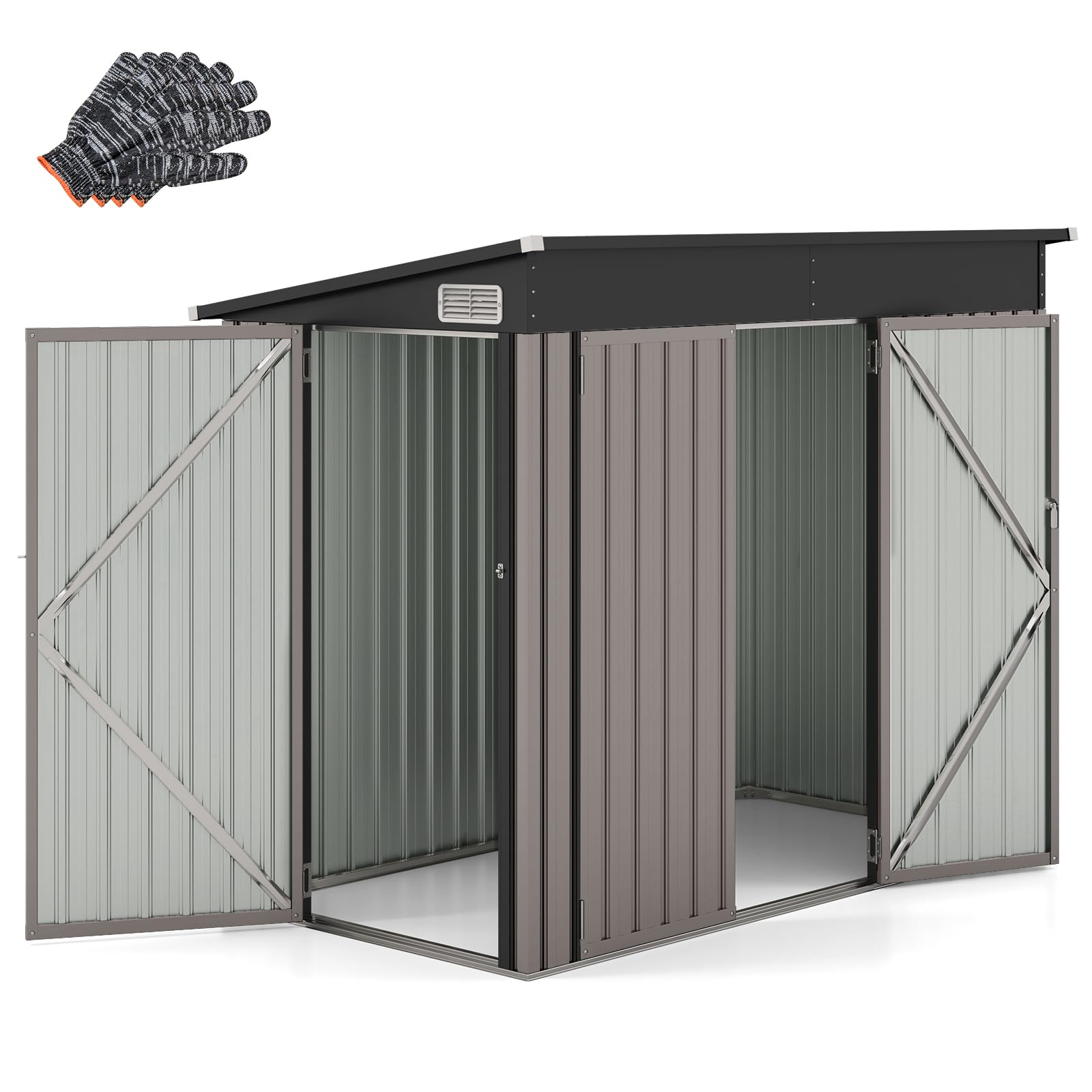 COSTWAY Domek ogrodowy, metalowy, 235 x 117 x 185 cm, domek na narzędzia z drzwiami przednimi i drzwiami bocznymi i dachem jednospadowym, szopa na narzędzia, zamykana na klucz, domek ogrodowy, szopa