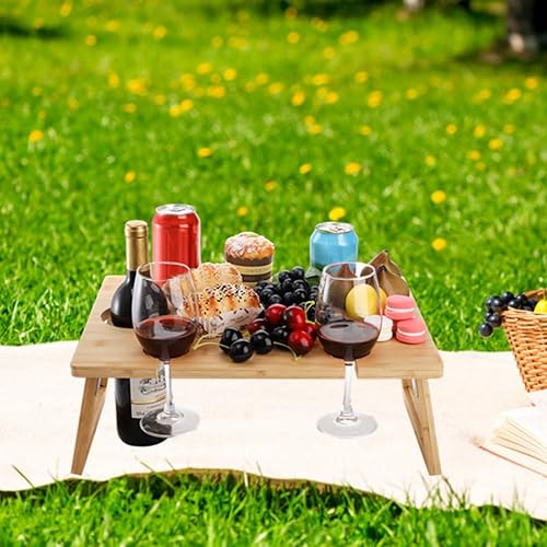 Miniatura 2 de Peohud Mesa Portátil de Picnic para Vino, Mesa Plegable de Picnic para Champán y Aperitivos, Mesa de Picnic Exterior de Madera con Soporte para