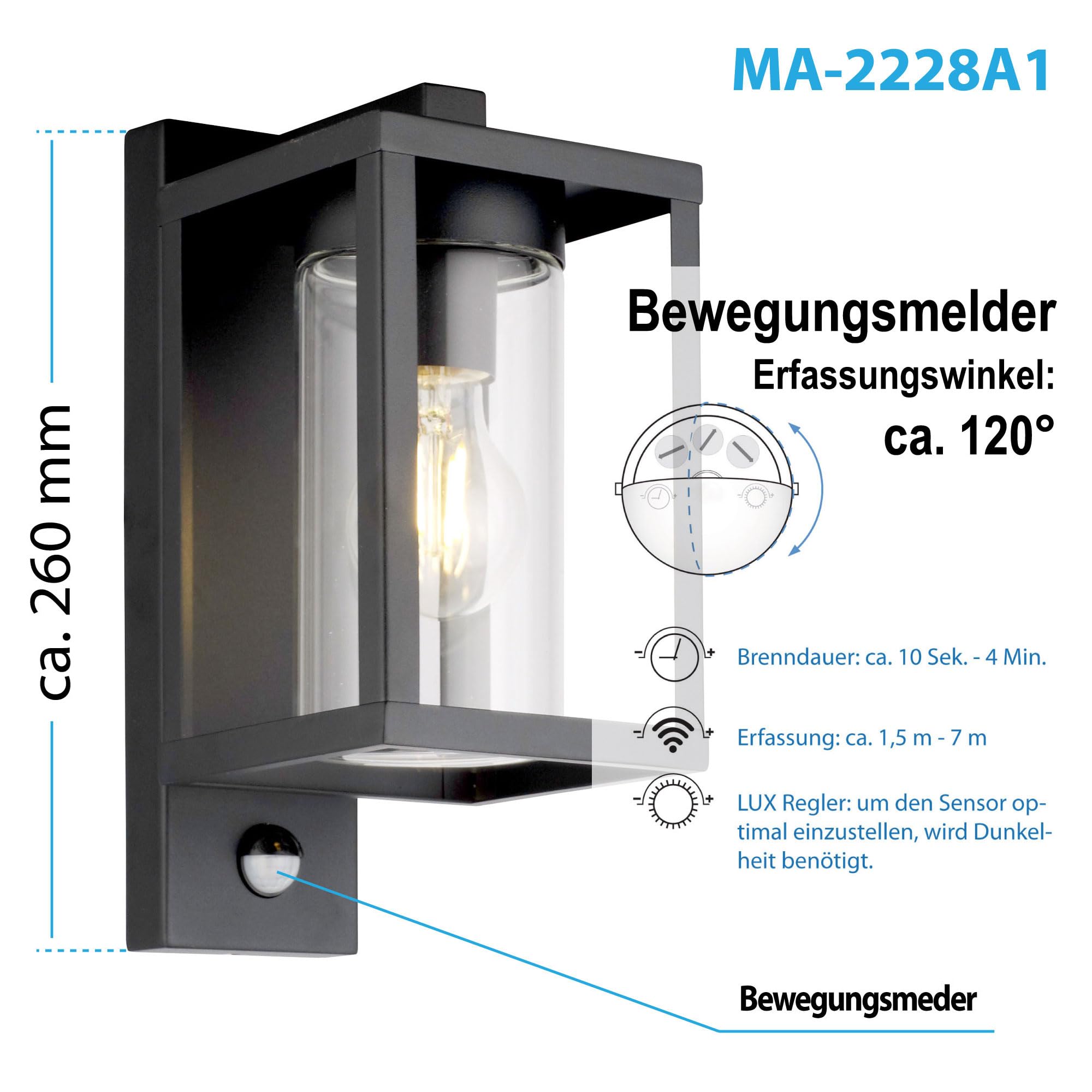 Maxkomfort Elegante Aussenwandleuchte mit Bewegungsmelder- Aussenlampe aus Edelstahl in Schwarz, IP44, E27 Fassung, 185 x 130 x 260 mm, 2228A1