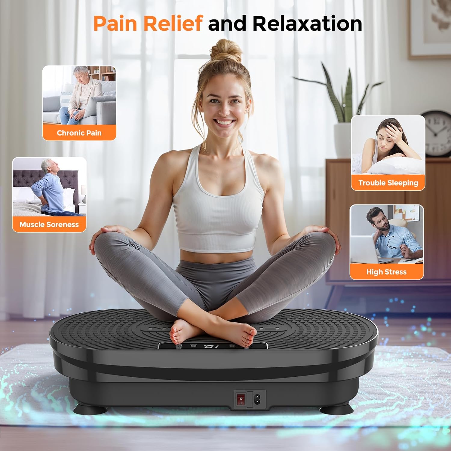 Woman sitting on FEIERDUN Vibration Plate for pain relief and relaxation