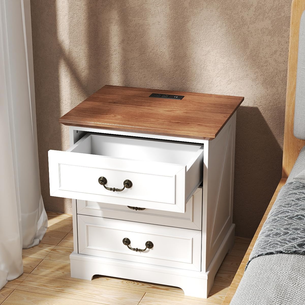 HOPUBUY 22" Farmhouse Nightstand Set of 2 with Charging Station, Wood Night Stand with Antique Handles, 3 Drawer Night Stand Tall Nightstand for Bedroom, Off White and Brown Top