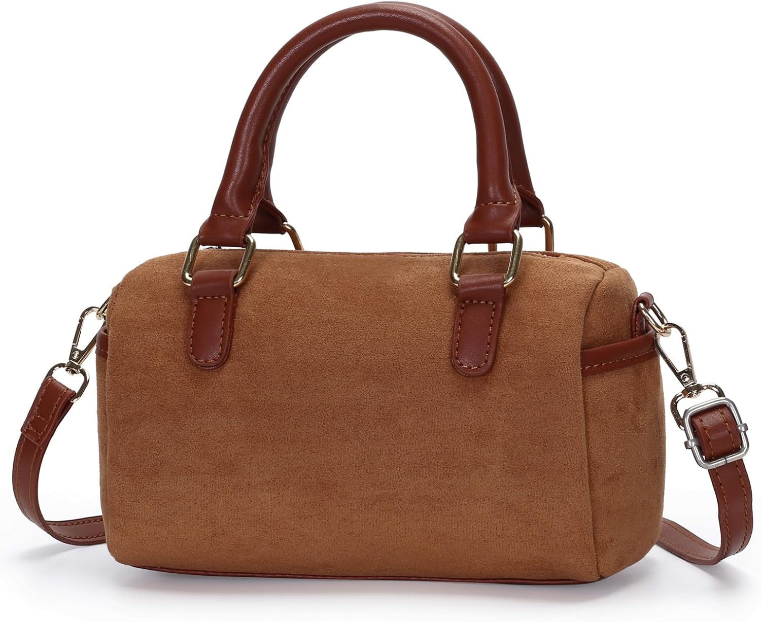 Small Faux Suede Purses for Women Boston Barrel Bag Mini Top Handle Bags with Trendy Crossbody Strap