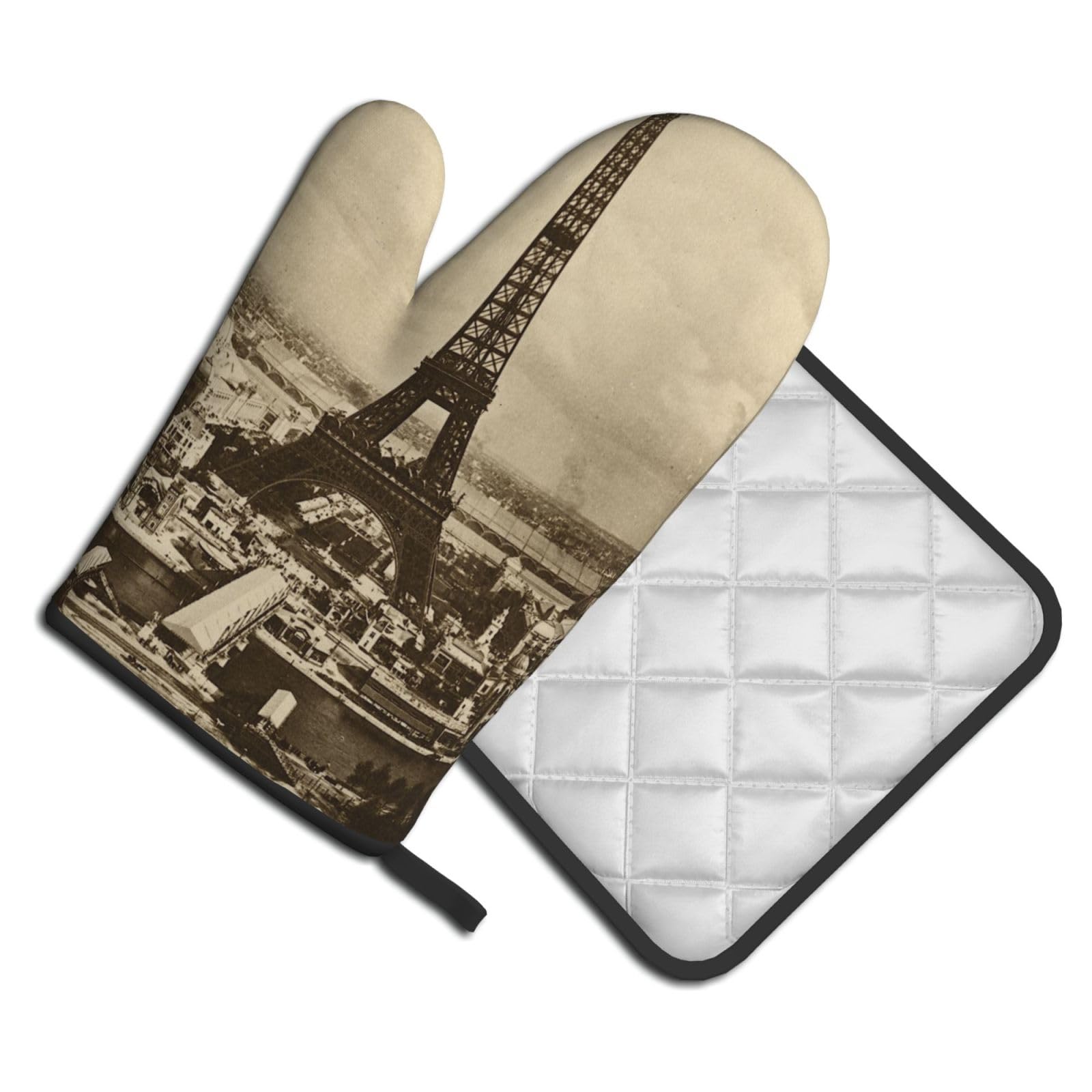 Oven Mitts and Pot Holders Set of 2 Pcs, Paris Eiffel Tower Printed Heat Resistant Kitchen Gloves Potholders for Cooking Baking Grilling