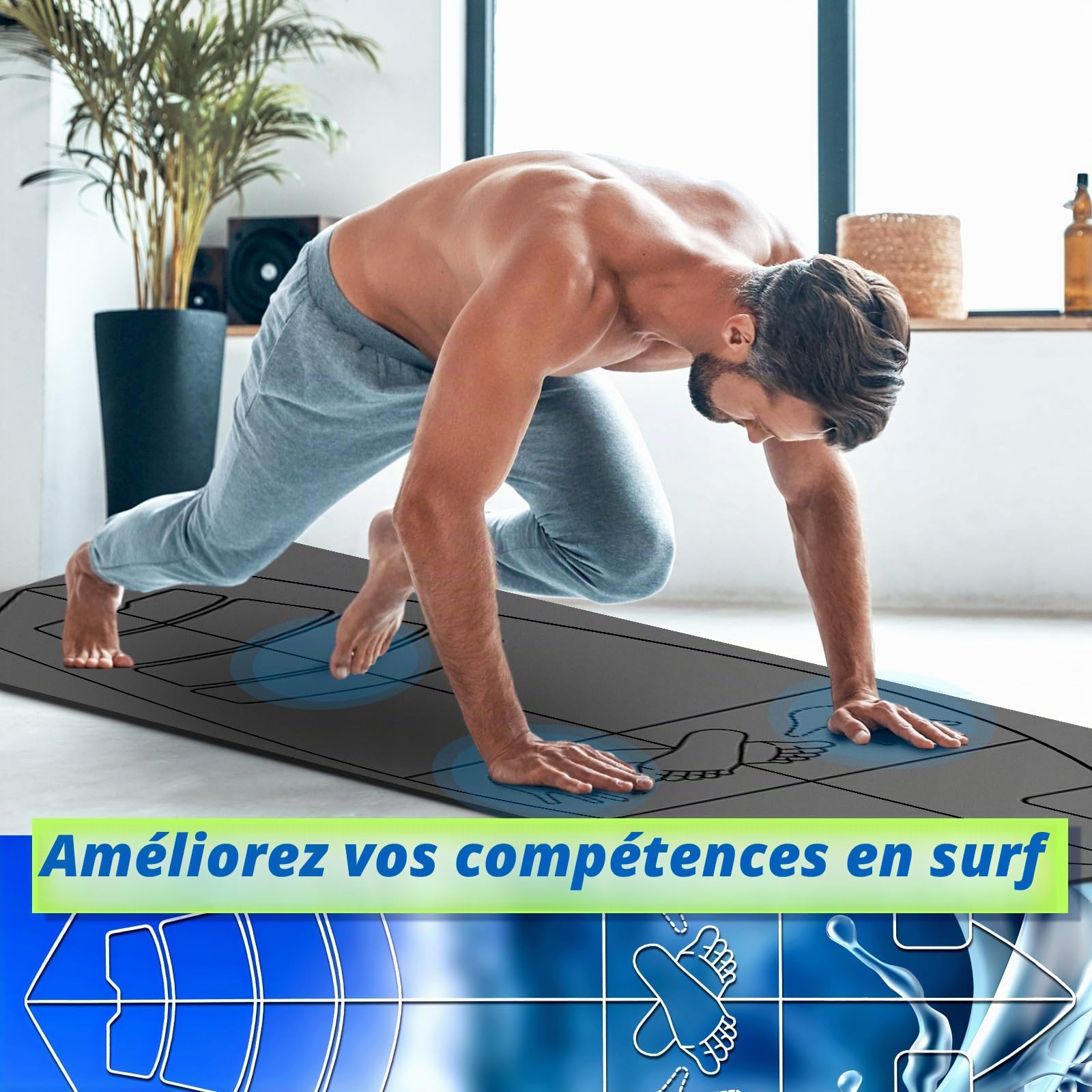 JellyArch Tapis de surf pour pratique pop-up, surf, équilibre, entraînement - 182,9 x 68,6 cm - Très grand tapis de yoga pliable en caoutchouc antidérapant avec sac pour homme et femme - Cadeau de