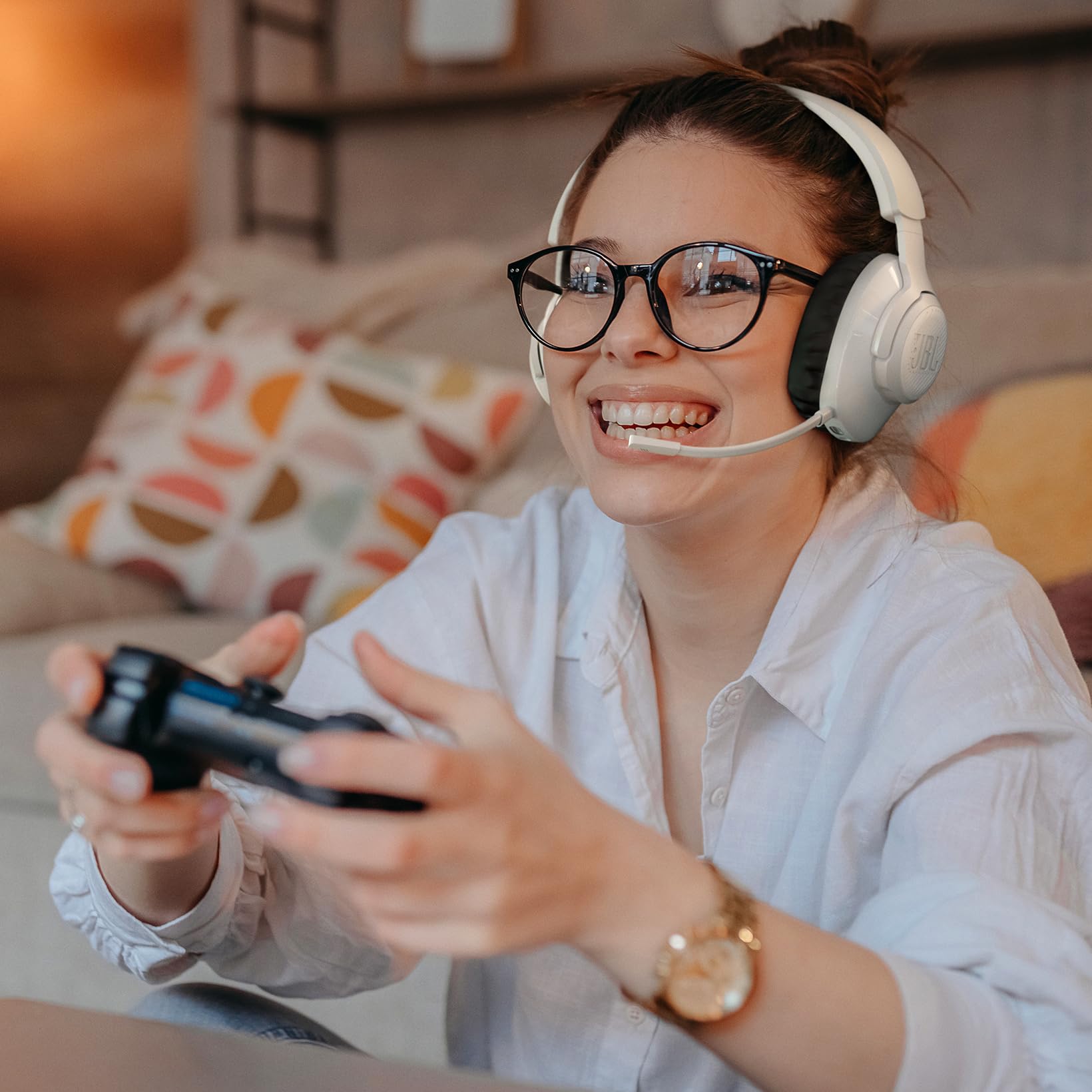 JBL Quantum 360P Cuffie Gaming Wireless Bluetooth PlayStation, Cancellazione Attiva Rumore, Microfono Rimovibile, Audio 3D, Bianco