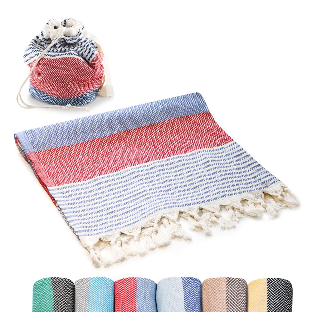 ATANI Turkish Beach Towel (71x39 Inches), Converts to a Bag, Oversized 100% Cotton Bath Towels Lightweight Quick-Dry Beach Blanket for Travel, Picnic,