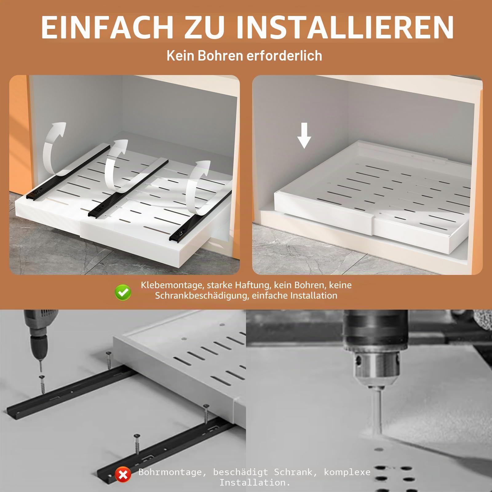 2 Stück erweiterbarer ausziehbarer Schrankorganisator mit Klebefläche, 53 cm tiefe Schubladen für Küchenunterschränke, verstellbare Breite 32 cm-53 cm
