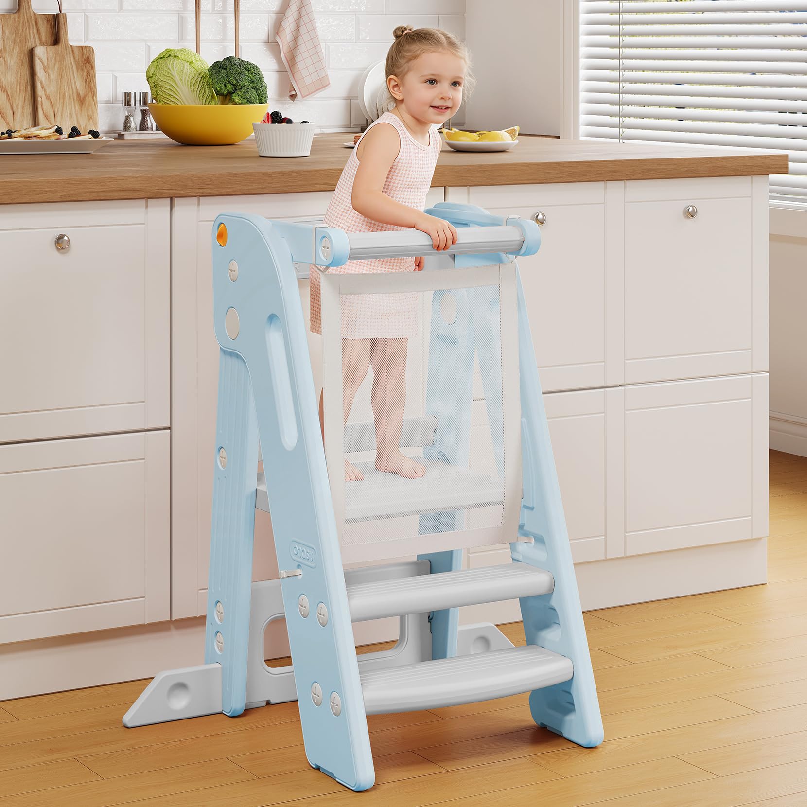 Onasti Blue Toddler Learning Tower, Toddler Tower Foldable With Safety Bar, Adjustable Height, Kitchen Stool For Kids With Handles, Non-Slip, For Kitchen Counter Bathroom Sink (Blue)