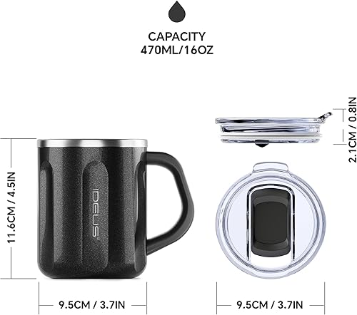 Vista 5 de Ideus 16 oz Coffee Cup, Stainless Steel Coffee Travel Mug, Spill Proof Tea Mug with Handle and Lid, Lightweight and Durable, Great for Office Home