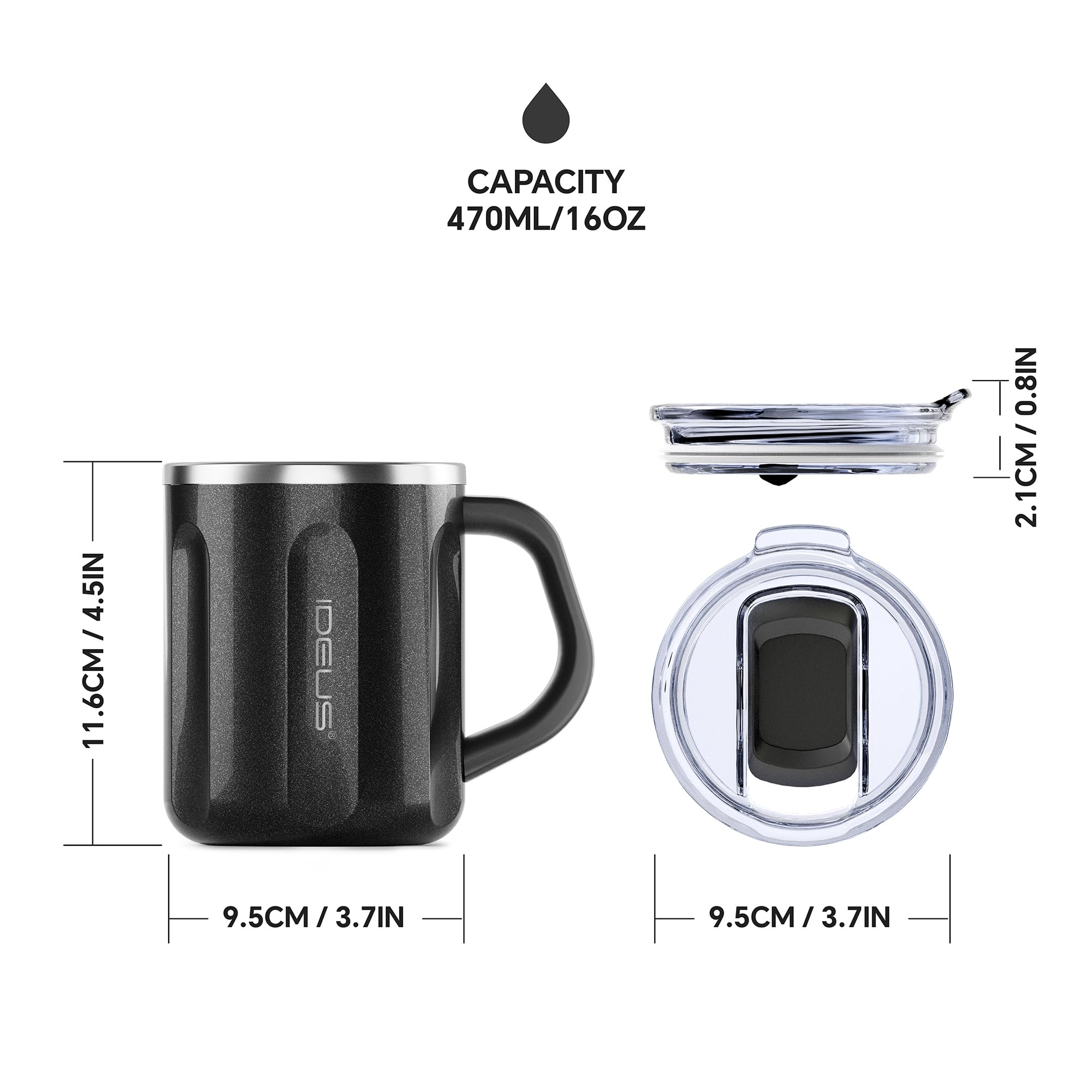 Ideus Taza de café de 16 onzas, taza de viaje de café de acero inoxidable, taza de té a prueba de derrames con asa y tapa, ligera y duradera, ideal para oficina, hogar y uso al aire libre, color negro
