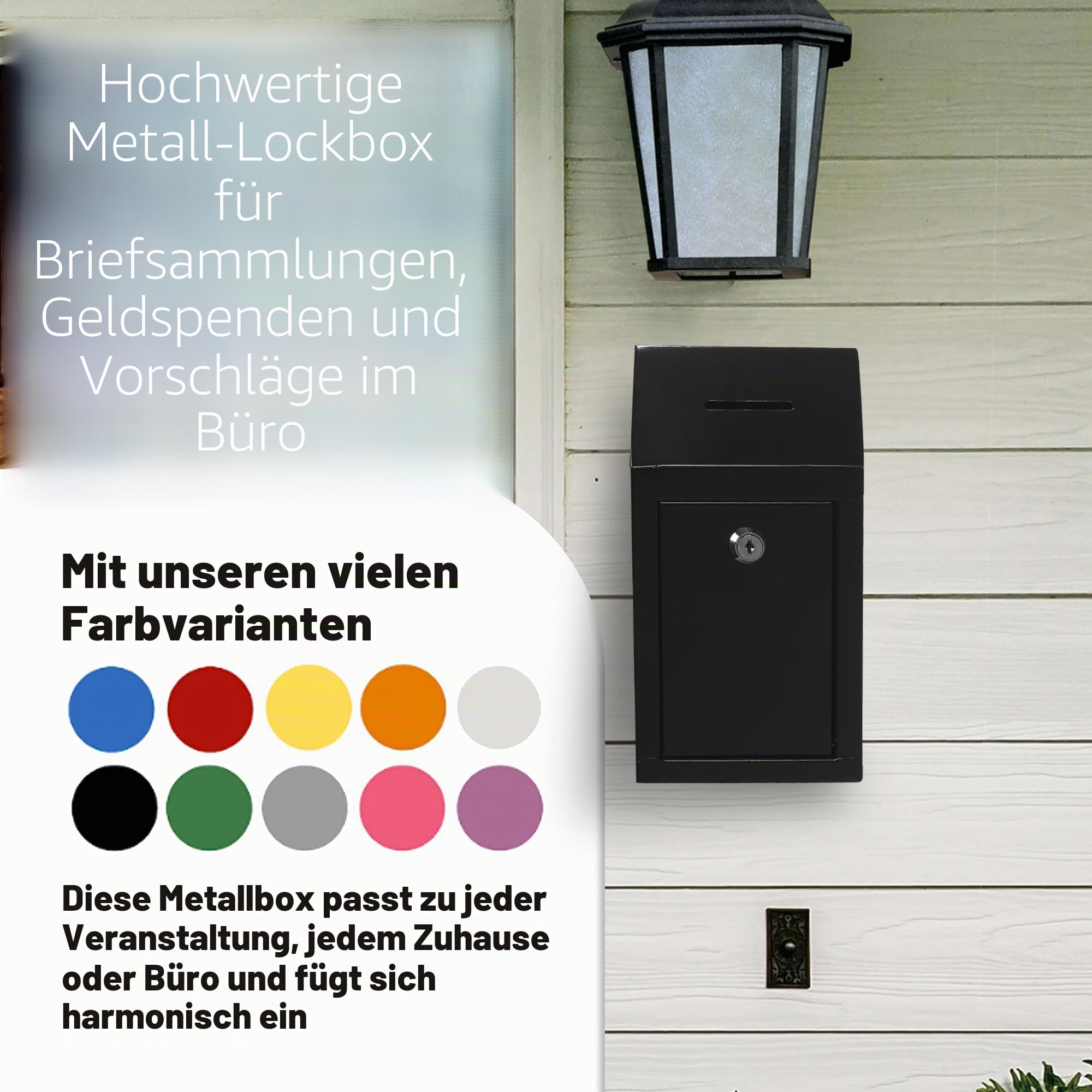 Metall-Spendenbox – Stahl-Sammelbox mit sicherem Schloss, 2 Schlüssel, Wandhalterung, 25,4 x 15,2 x 6,3 cm (Schwarz)