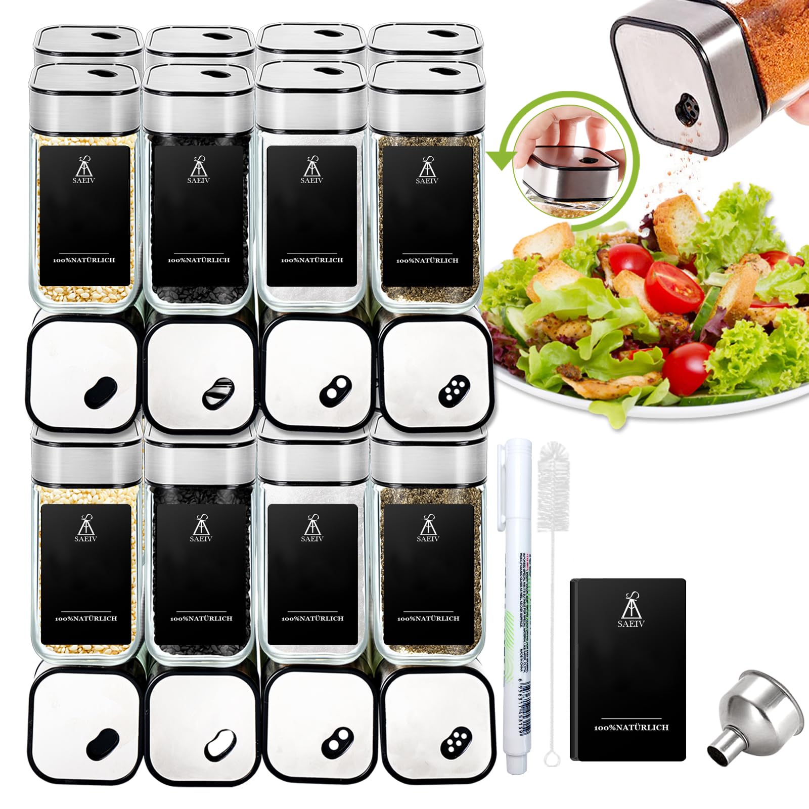Cuadrado Giratorio Frascos De Vidrio Con Tapa Triple Calibre Giratorio 360°, 35 Bottes De Cristal, Bottes Especias de acero inoxidable con borde fino de 120 ml