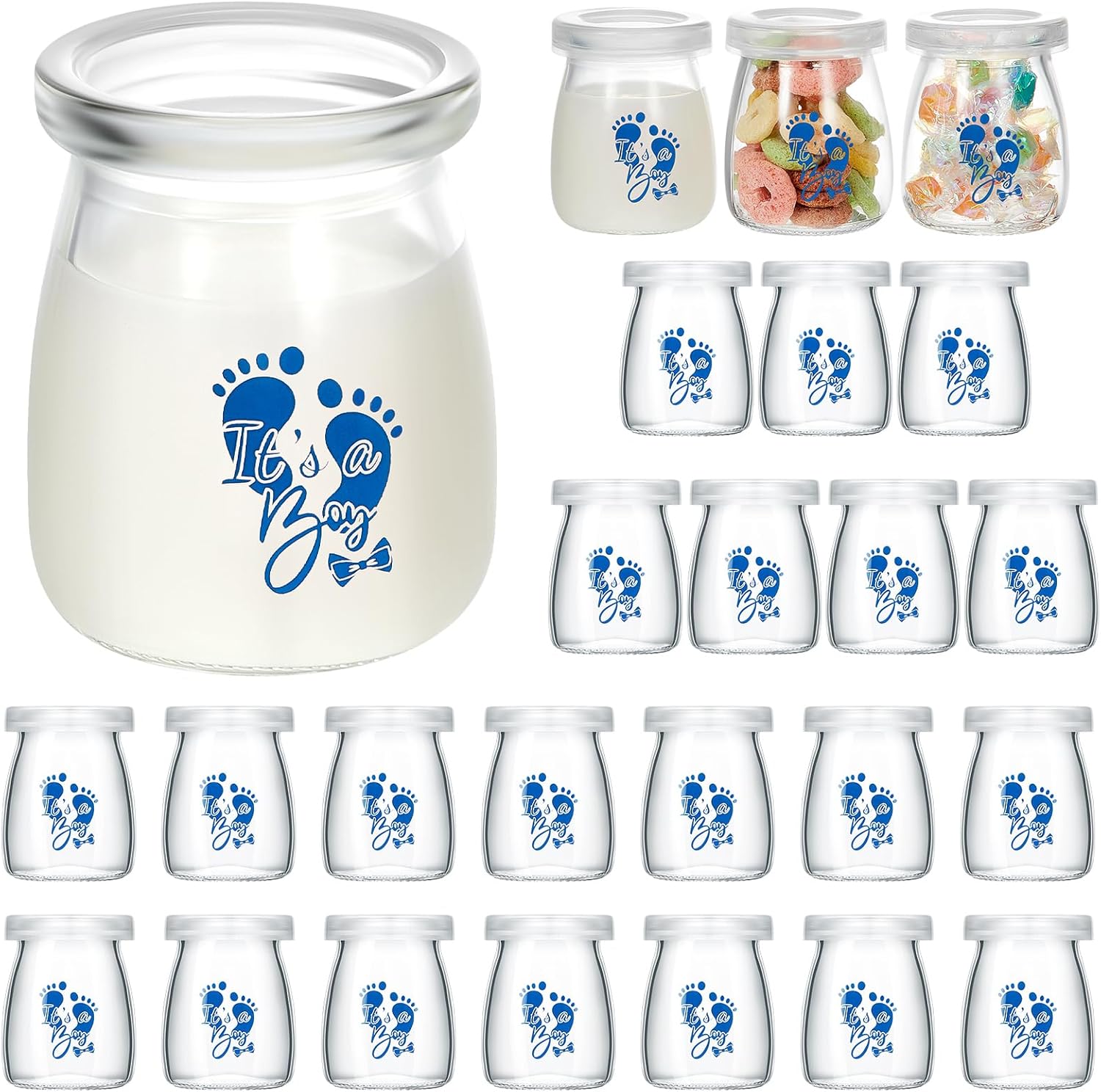 Tanlade 24 Pcs It's a Boy or Girl Milk Glass Bottles 3.4 oz Mini Glass Candy Jars Clear Yogurt Jars with Plastic Lids Baby Shower Party Favors Gender Reveal Party Decorations(It's A Boy)