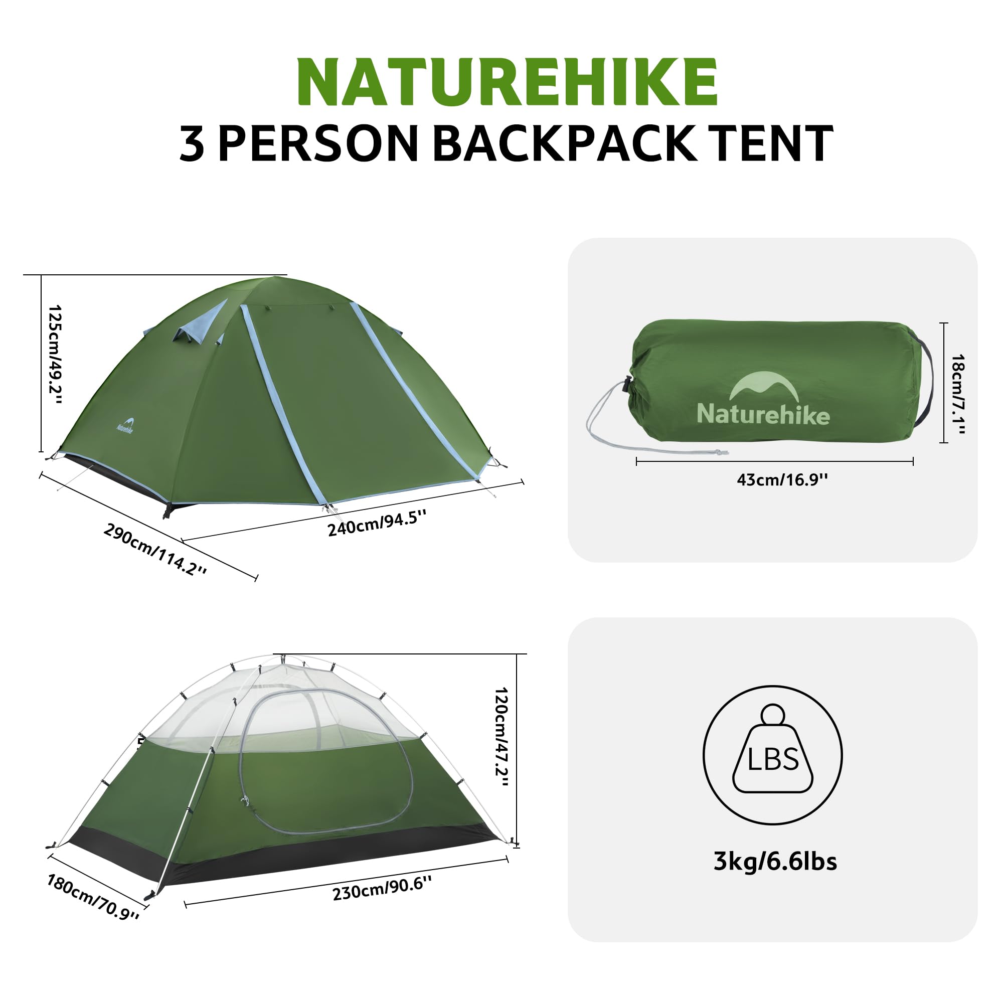 Naturehike Bleik - Tienda de campaña ultraligera para 2-3 personas, con 2 baldas para camping, senderismo y ciclismo