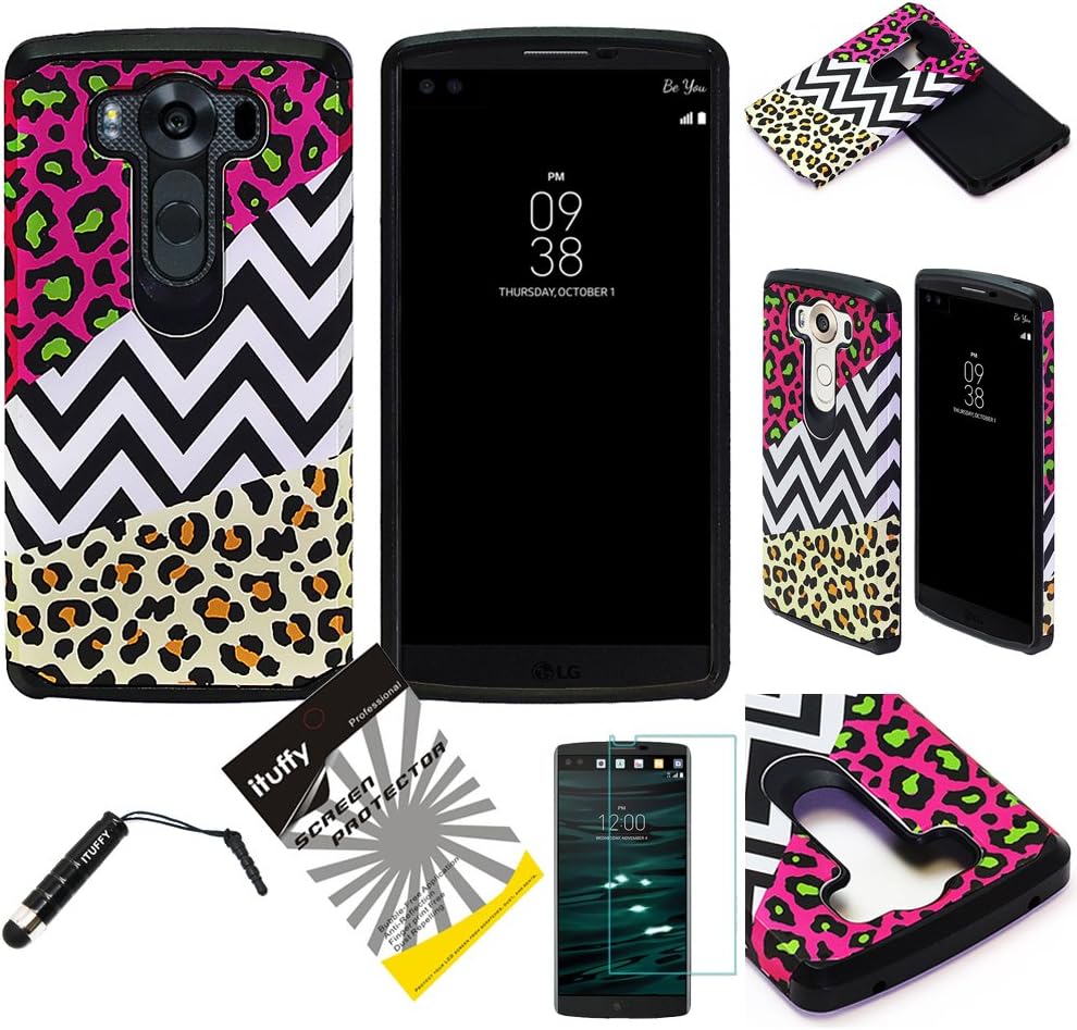 for LG V10 ITUFFY (TM) 3items Combo: Screen Protector + Stylus Pen + Dual Layer Shock Proof Hybrid Armor Case (Pink Gold Chevron Leopard)