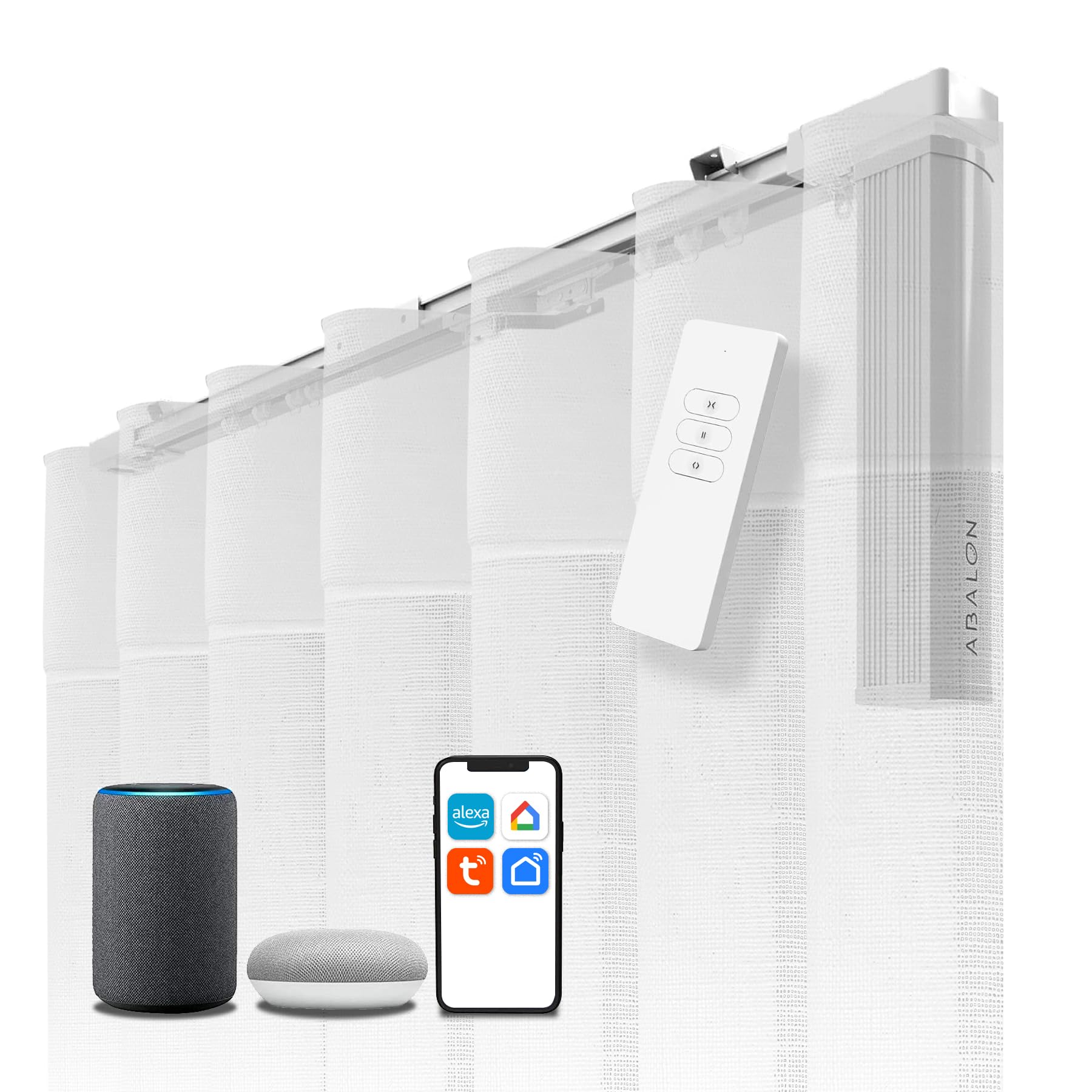 ABALON Perfect Wave Motorized Curtain Track, WiFi Motor Compatible with Alexa, Google Home, and Tuya Smart Mobile App, Remote Control, Width Up to 2 Meters, White
