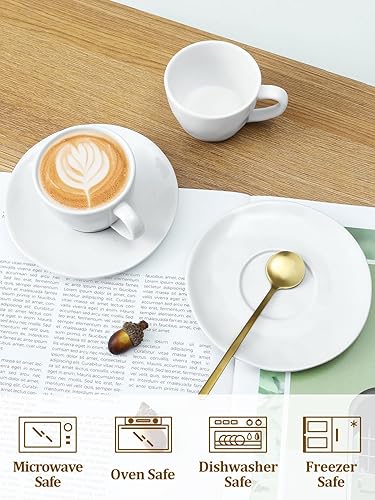 Miniatura 3 de Yedio Tazas y platillos de espresso con cucharas y soporte de metal, tazas de café de porcelana de 4 onzas, juego de 6 para bebida de capuchino,