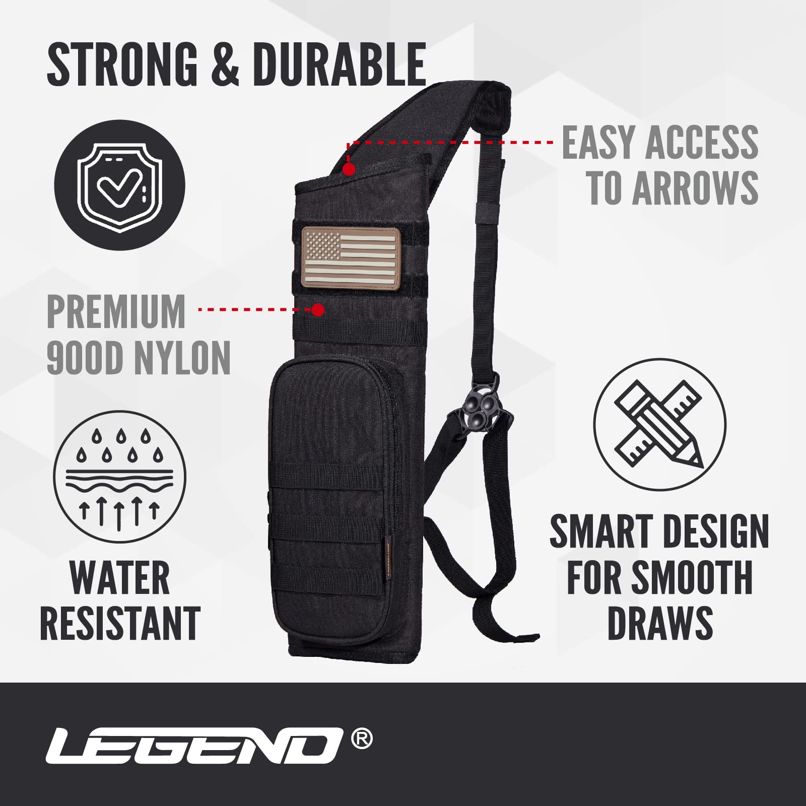 Legend Back Quiver - Tactical Arrow Holder, High-Density Polyester Fabric, Extra Shoulder Foam Padding - MOLLE System for Patches, Pouches - Zippered Storage for Archery & Hunting Accessories - Black