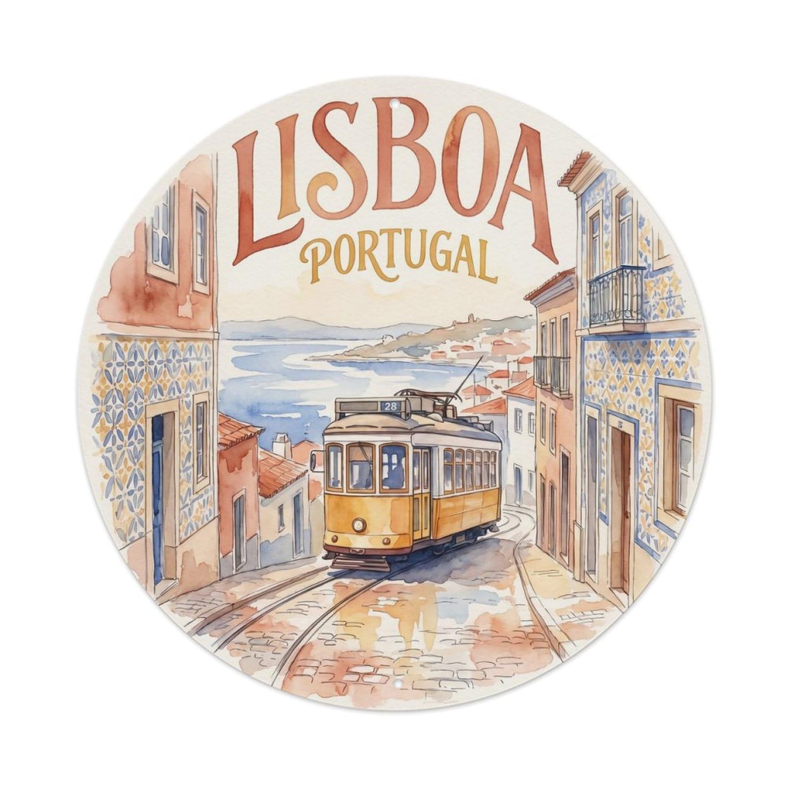 Olhnbad Style Portugal Sample Watercolor Lisboa Landmark Metal Tin Sign
