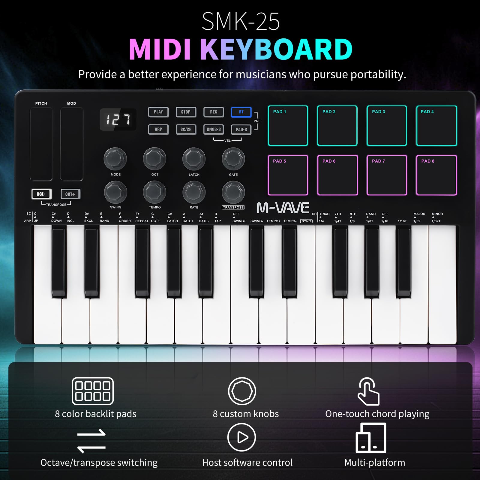 Teclado Controlador Midi, M-VAVE 25 Teclas Táctiles Musik-Arranger Keyboard Mini Midi Electronic Controller Pad SMK-25 Negro y Blanco, Batería Incorporada