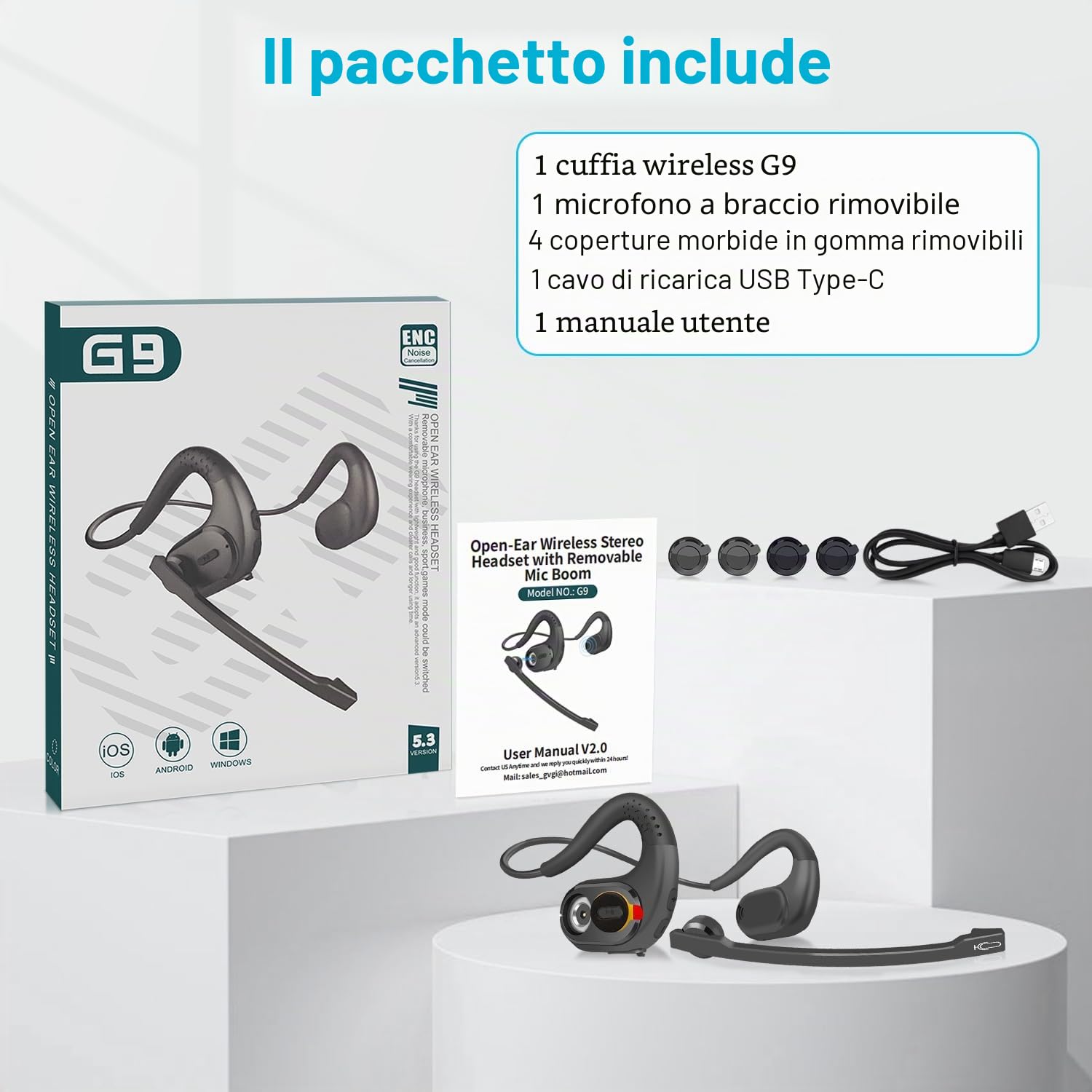 iDIGMALL Cuffie Bluetooth con microfono staccabile, cuffie wireless multi-punto, con microfono DSP a cancellazione del rumore, per telefono, PC, laptop, comode e leggere, cuffie aperte per ufficio,